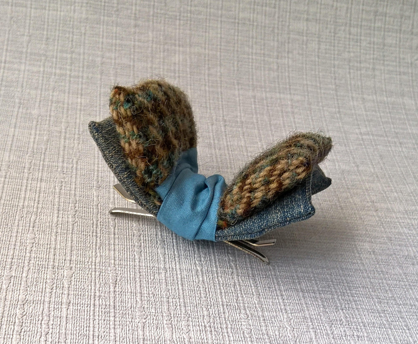 Asymmetrical Clip On Bowtie in Blue Wool Silk, Mens Retro 1950s Style Fashion