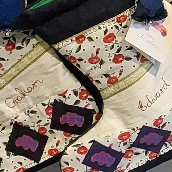 Patchwork Christmas stockings with applique and personalised embroidery 