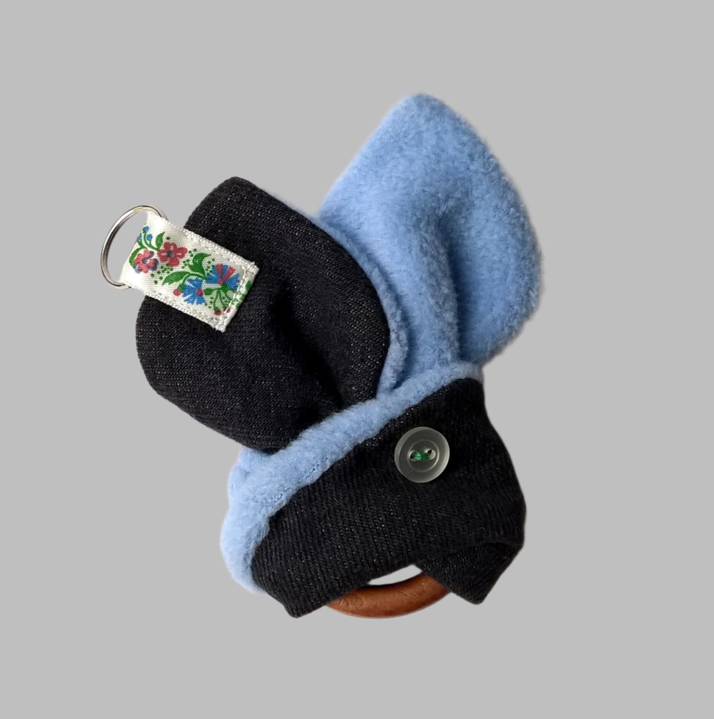 Trusty Ears key-ring with one eye pirate look handmade in lack denim and soft pale blue fleece