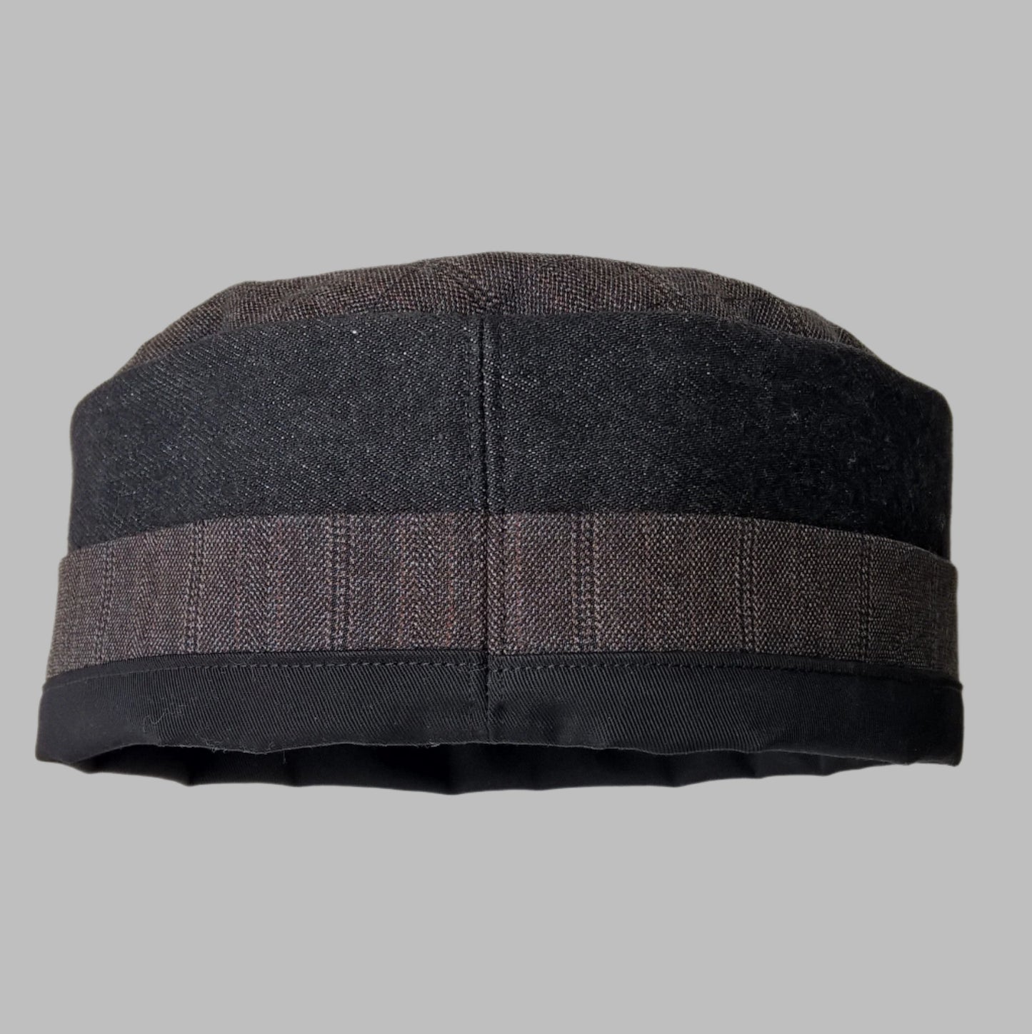 Back view of breathable brimless pillbox cap handmade in blended wool cashmere pinstripe, black denim and cotton twill 