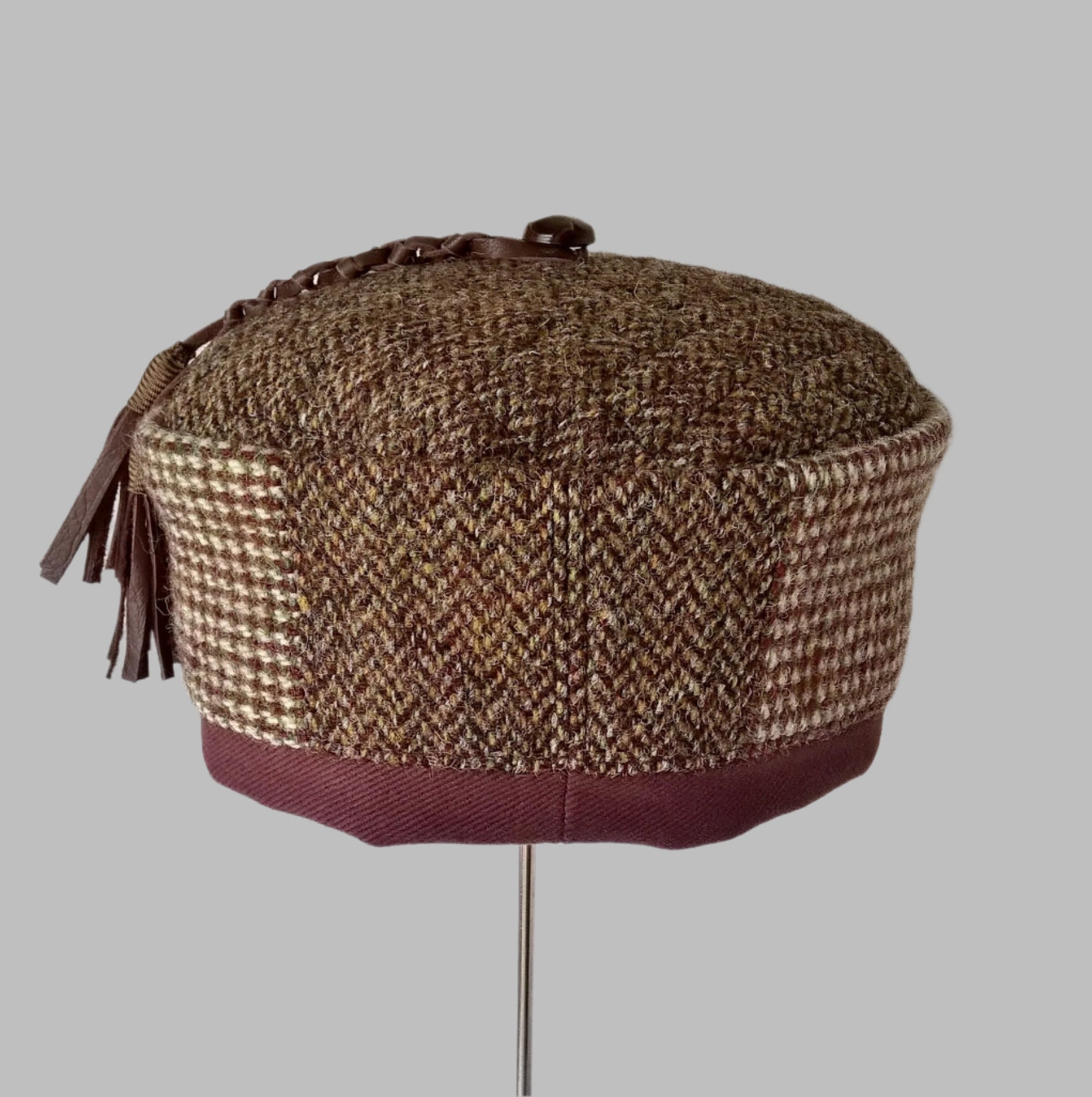 Back view of Harris Tweed patchwork smoking hat