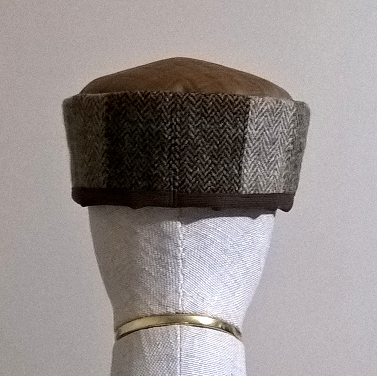 Back view of Harris Tweed patchwork brimless skull cap