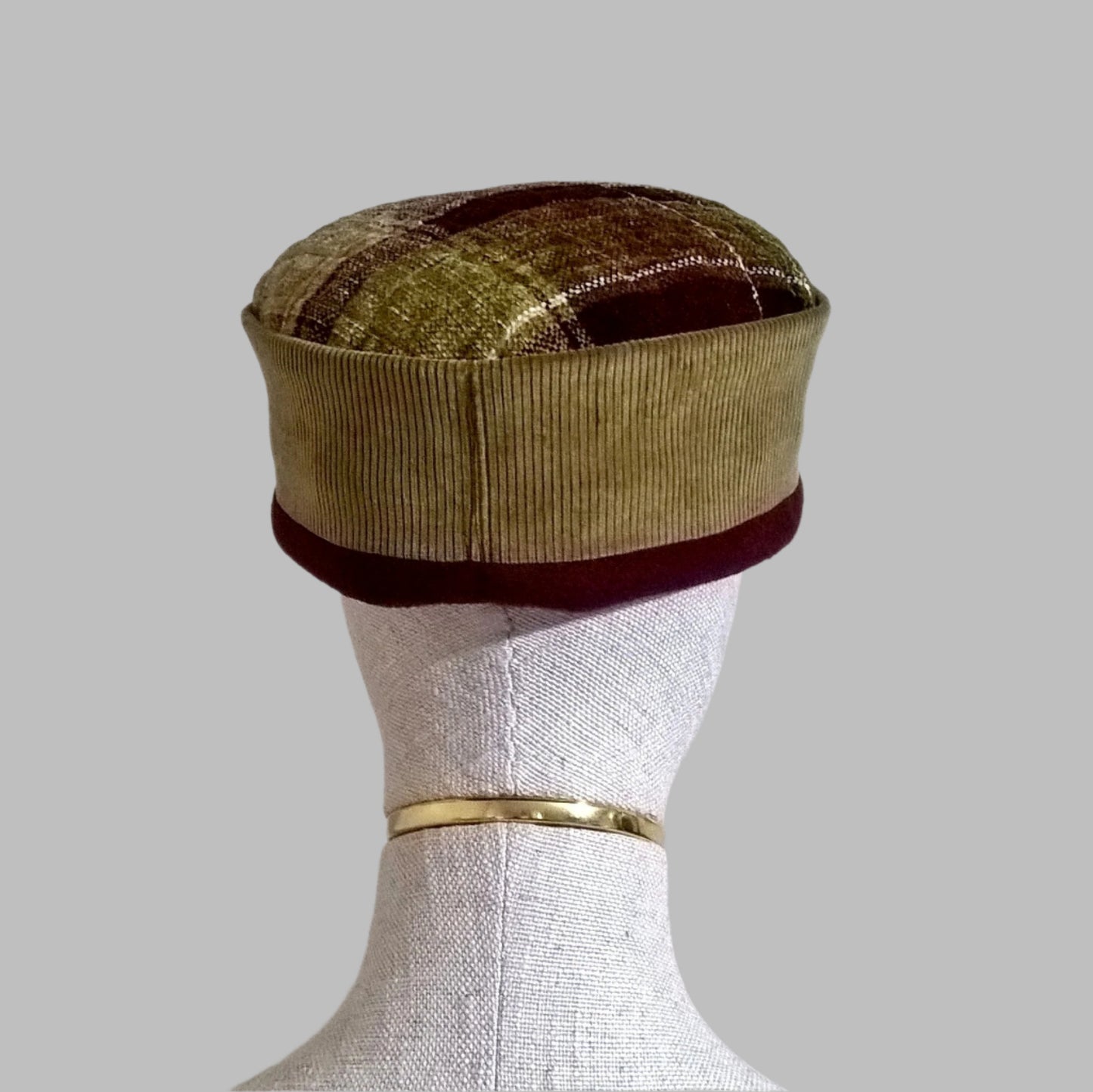 Back view of corduroy and chenille smoking cap