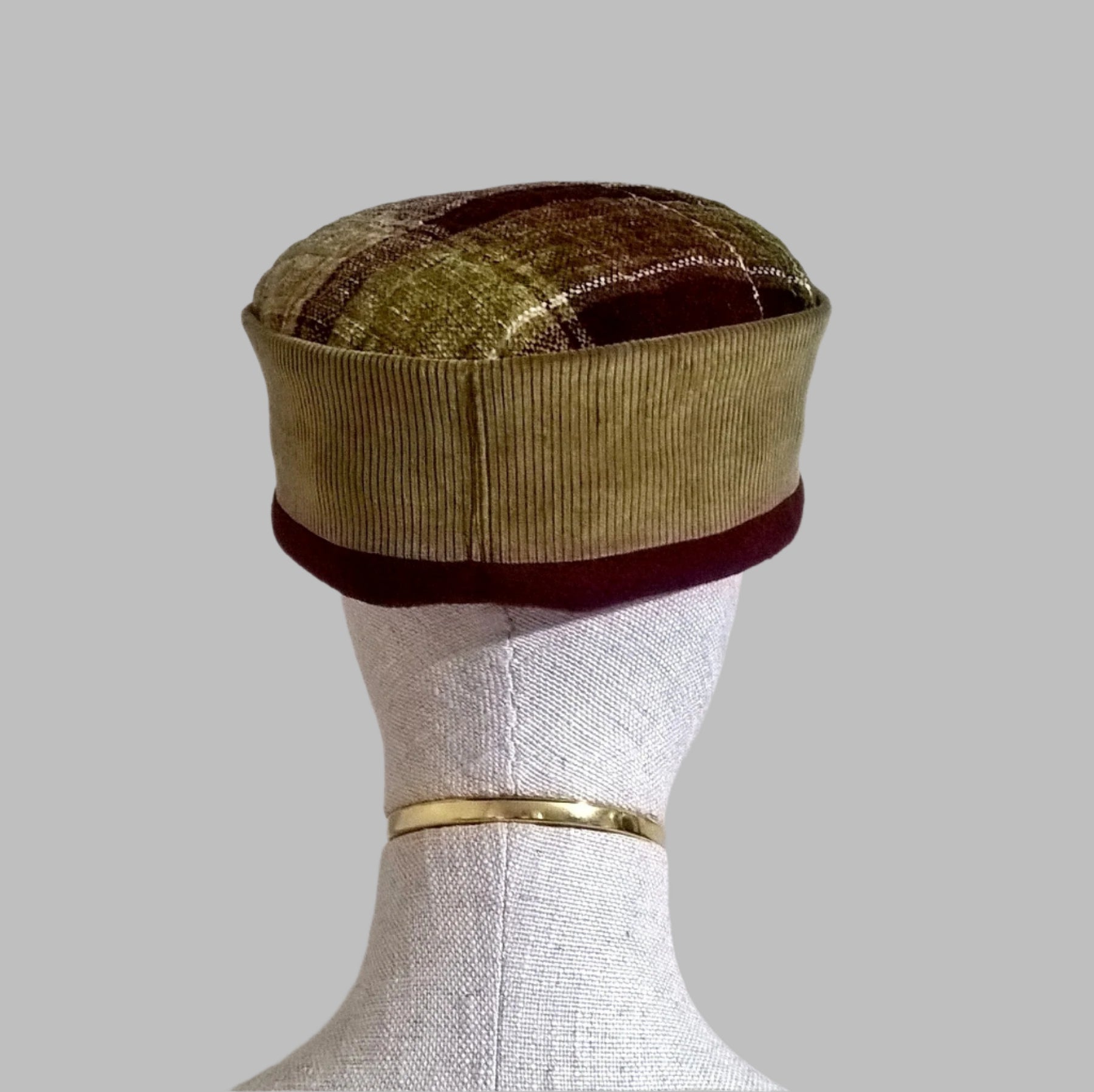 Back view of corduroy and chenille smoking cap