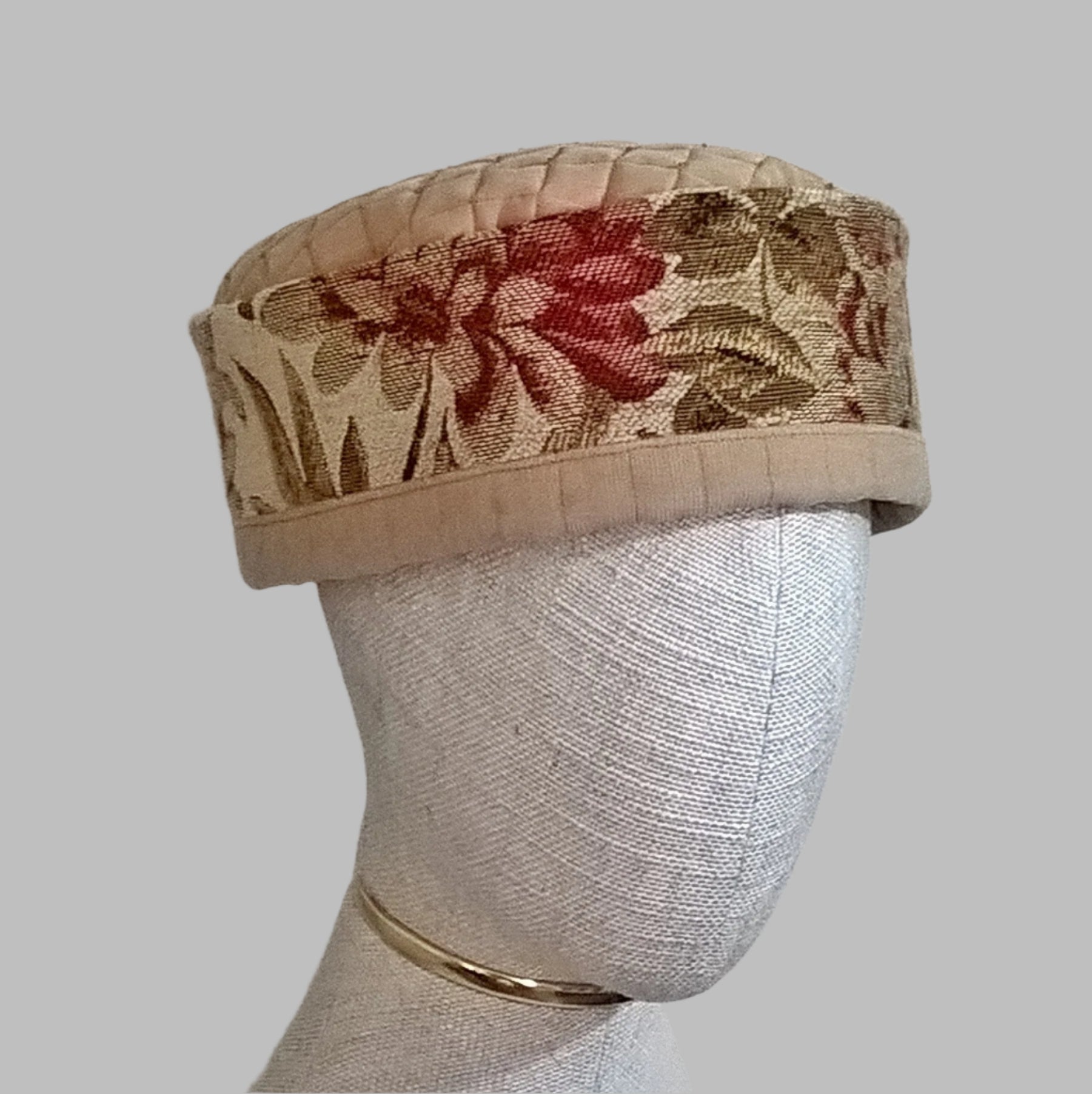 Tapestry pillbox hat quilted and beaded in floral taupe, red, gold and green