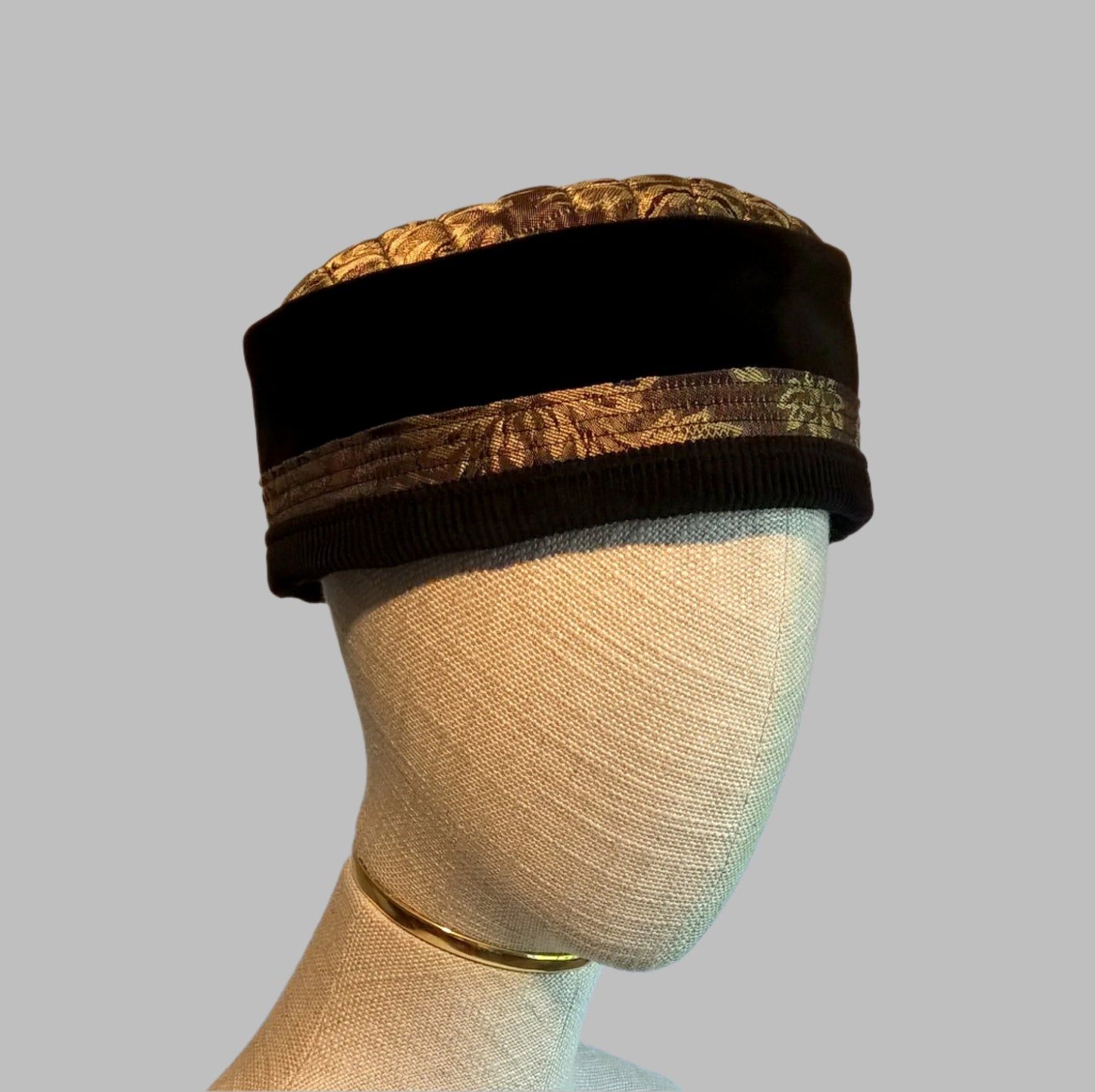 Pillbox smoking cap handmade in black velvet and gold brocade with removable macrame tassel