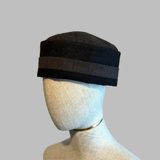 Black brimless cap handmade in breathable fabrics of wool cashmere blend, cotton denim and cotton twill