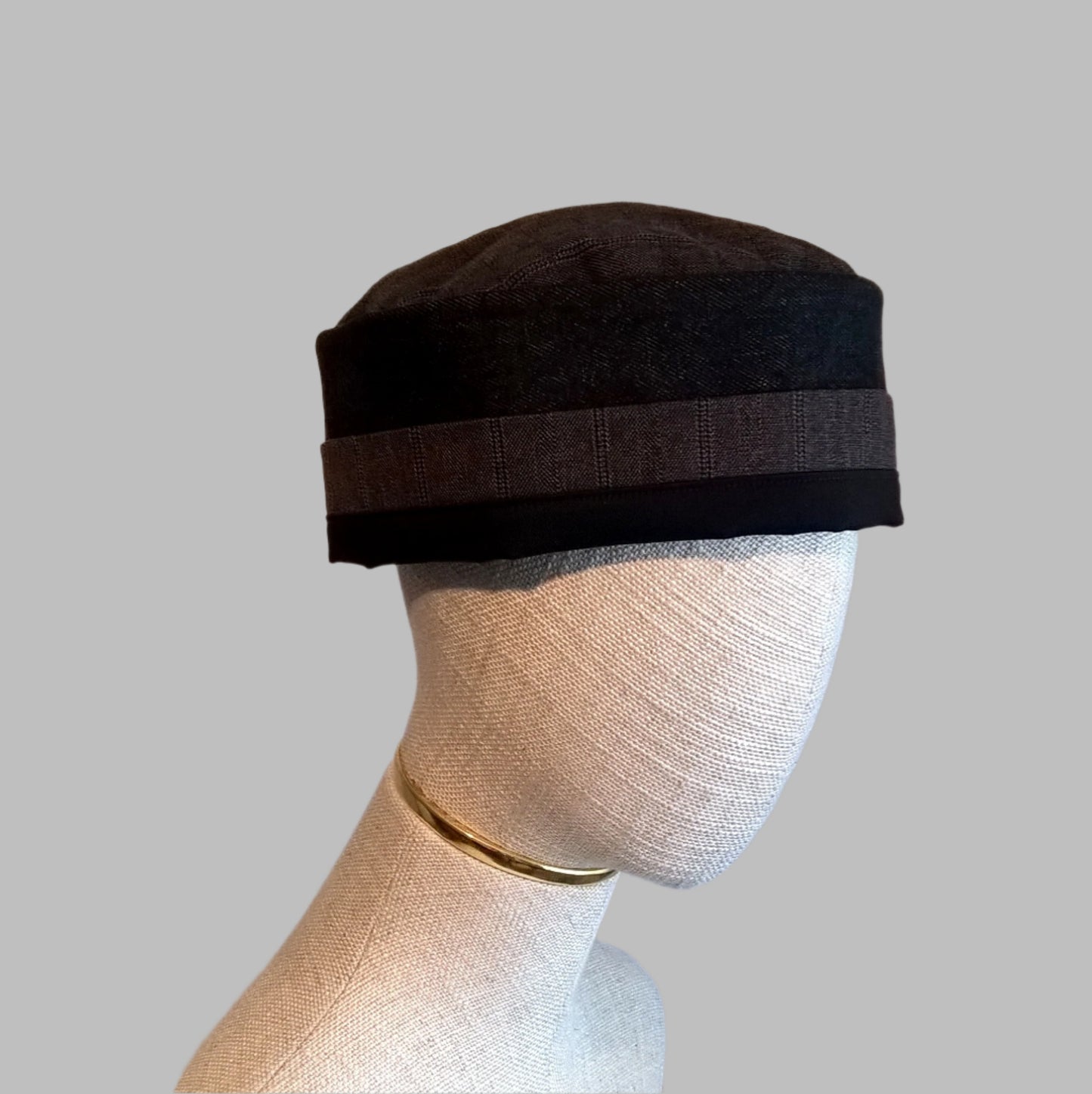 Black brimless skull cap handmade in breathable fabrics, with pinstripe wool cashmere blend tip and band, and cotton denim and twill crown