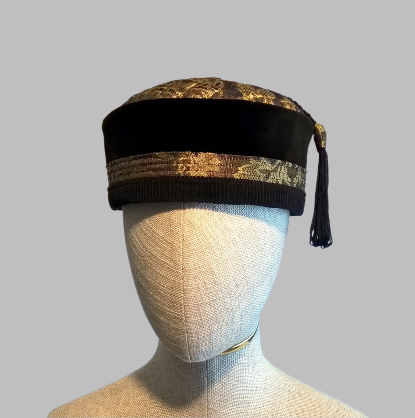 Elegant black velvet and gold brocade Gothic smoking cap with macrame tassel