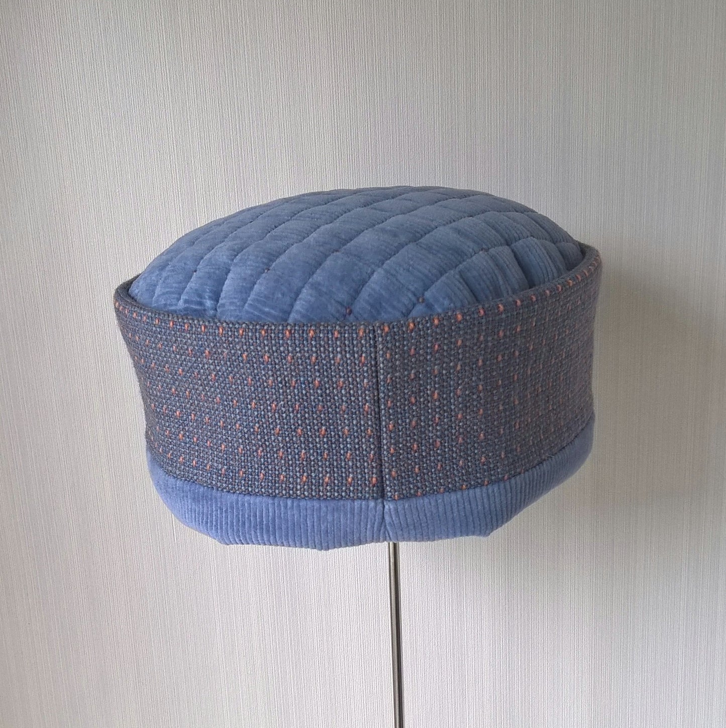 Back view of blue corduroy smoking cap