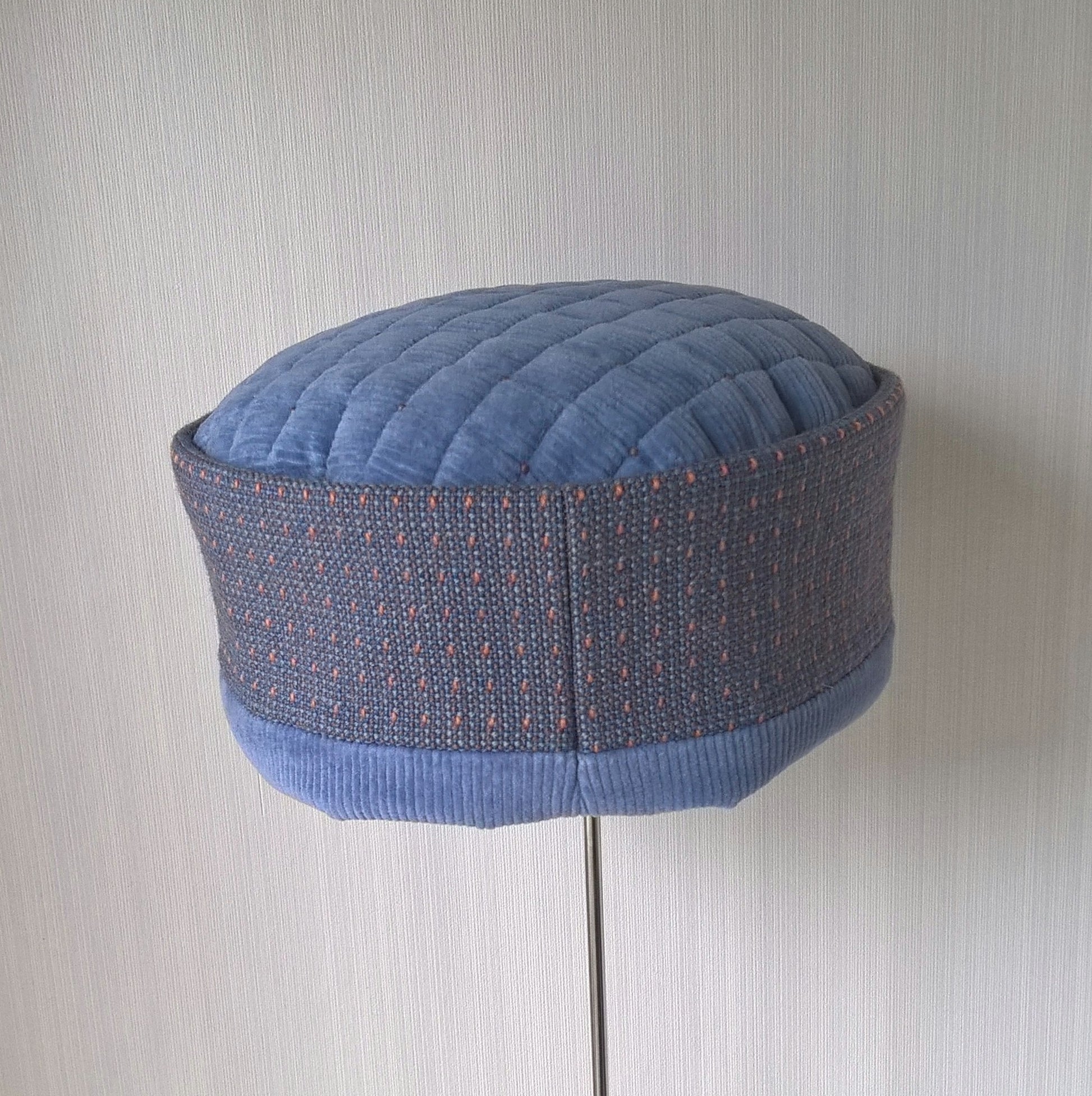 Back view of blue corduroy smoking cap