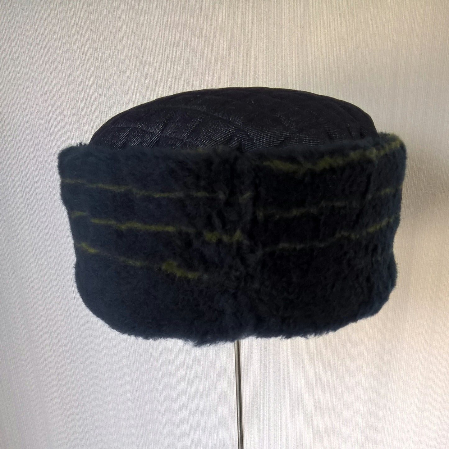 Pillbox cap with quilted denim tip and blue with green stripes wool crown