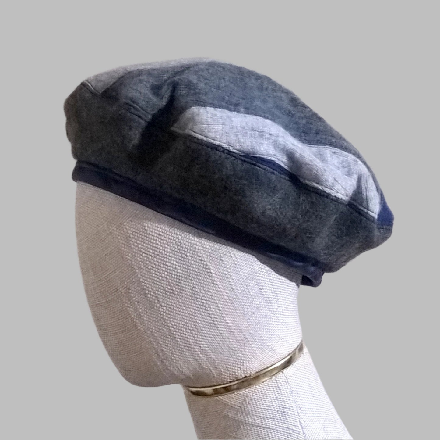 Patchwork beret handmade with up-cycled cashmere sweaters and pure wool felt in blue and grey