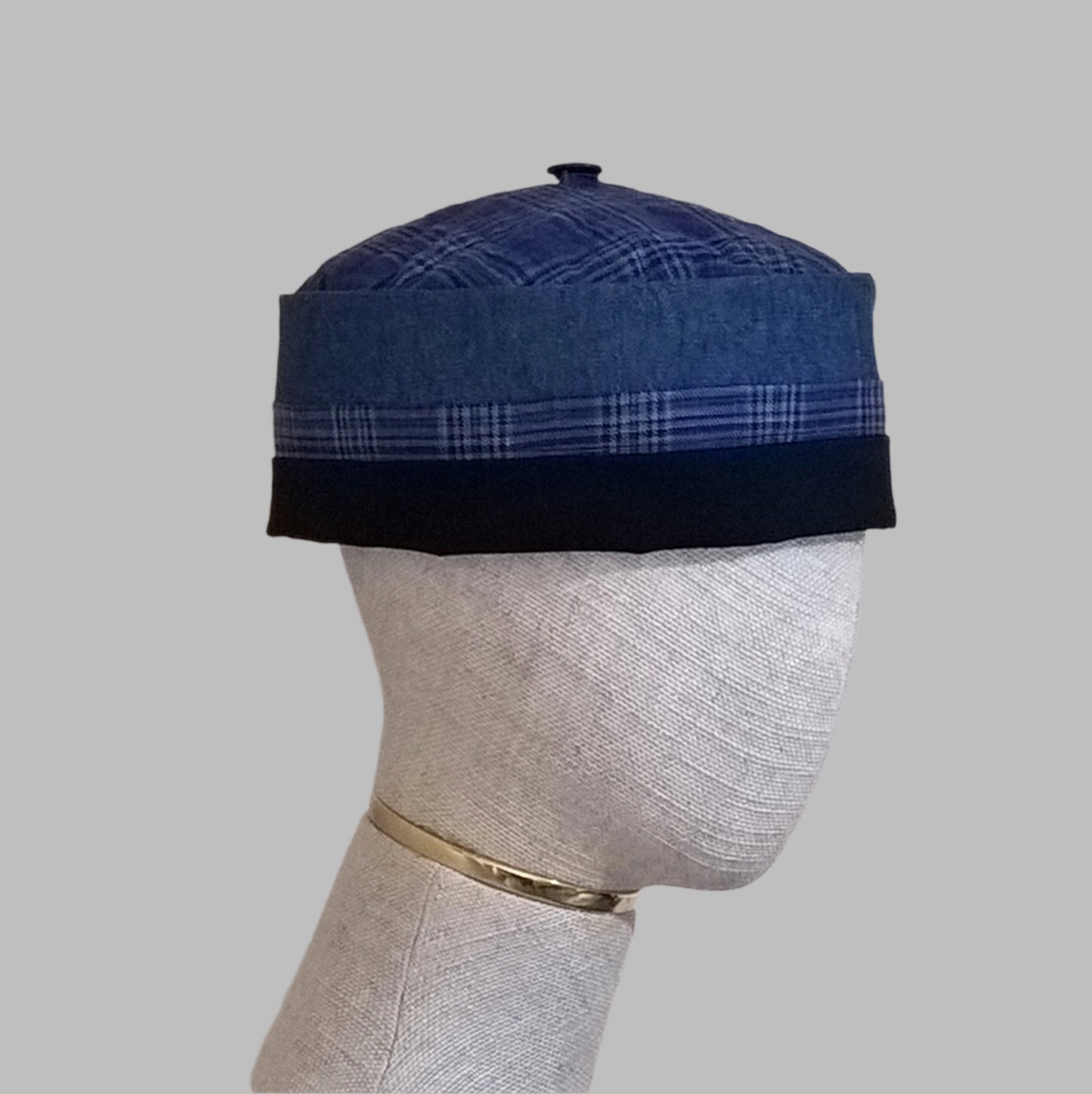 Light weight smoking cap in cobalt blue with removable leather tassel