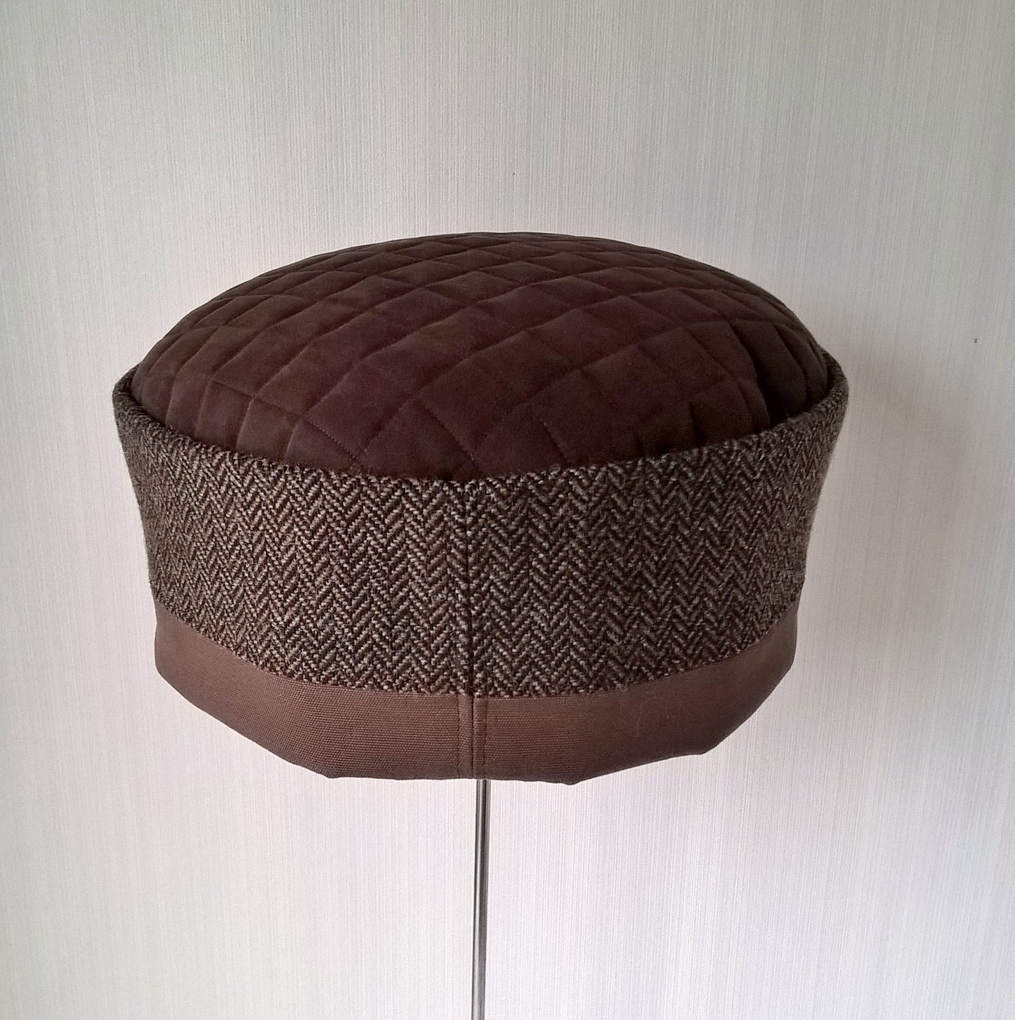 Back view of brown herringbone wool hat