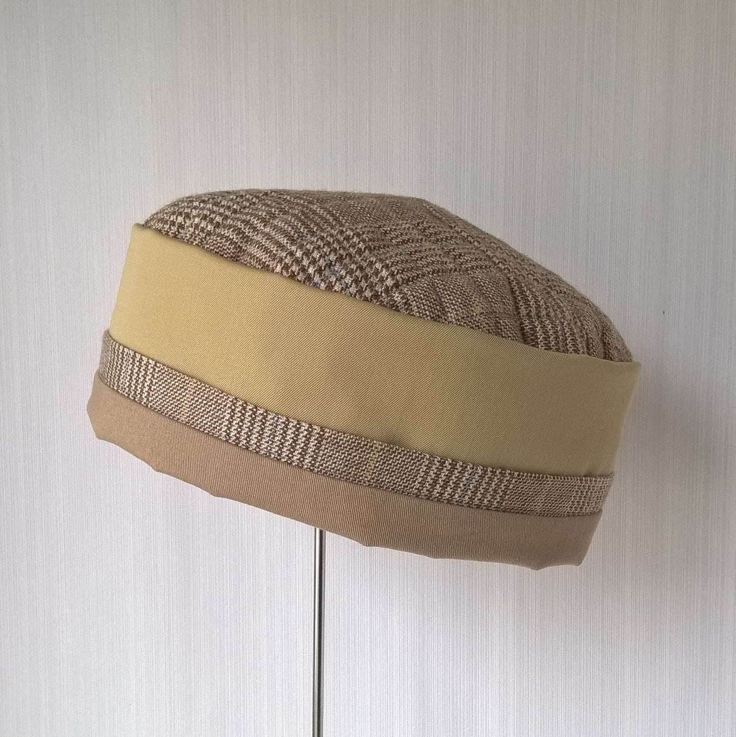 Tweed, mustard yellow and taupe spring time pillbox shaped smoking cap