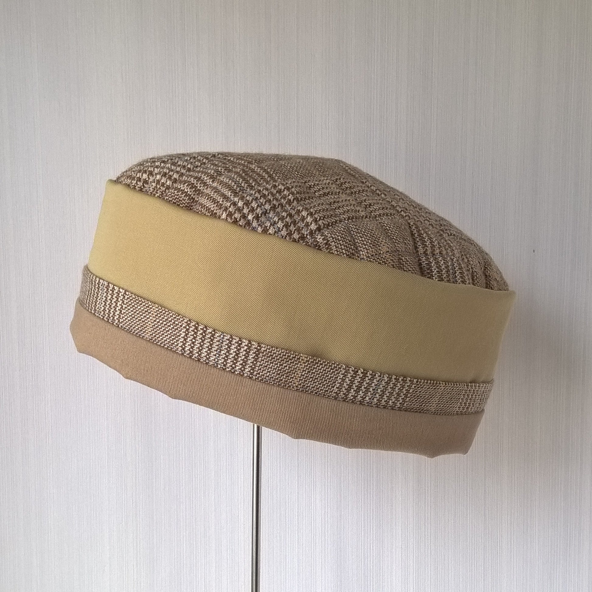 Tweed, mustard yellow and taupe spring time pillbox shaped smoking cap