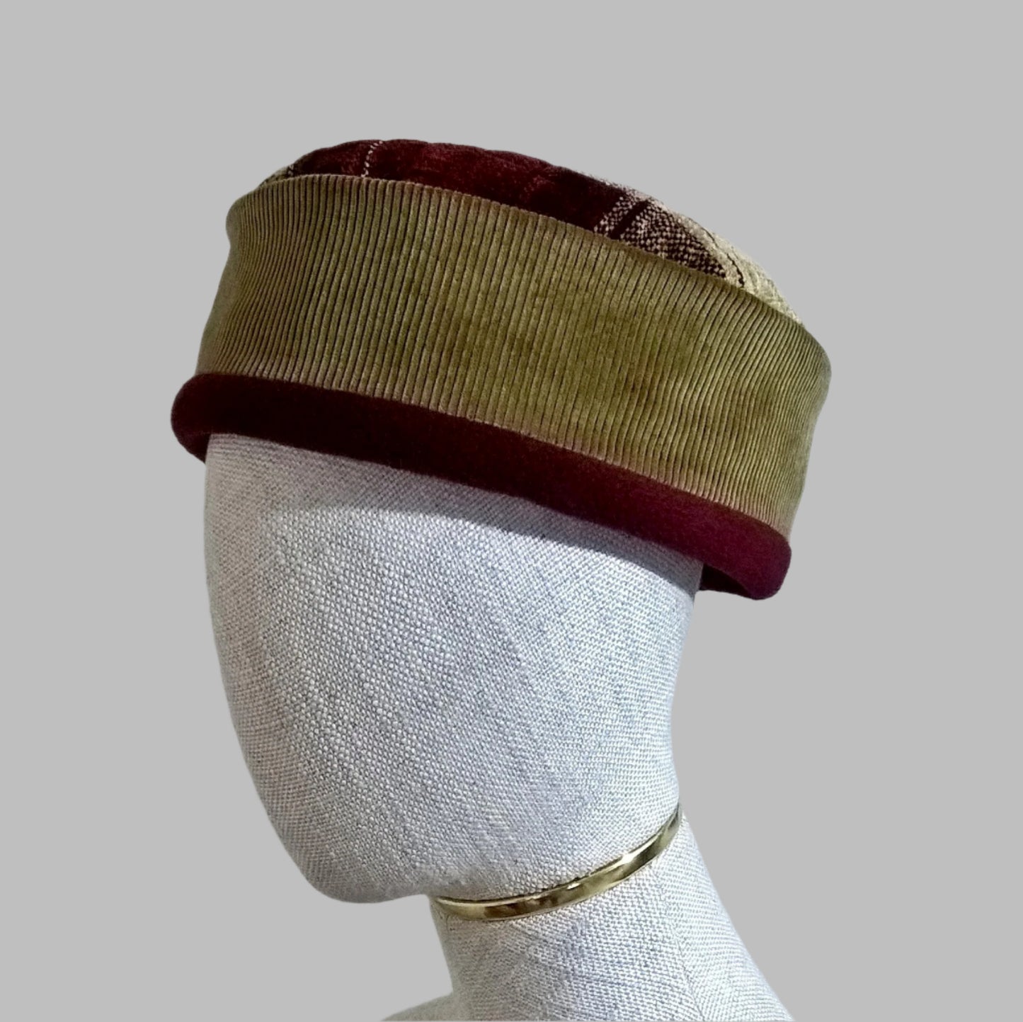Olive green and burgundy corduroy and chenille smoking cap