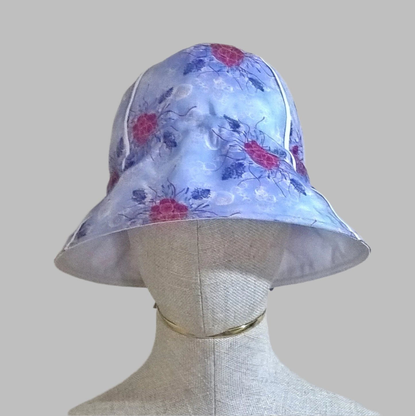 Blue and red floral bucket hat handmade in cotton silk blend