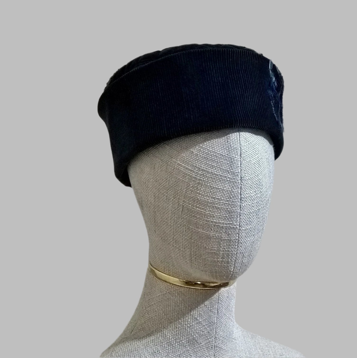 Smoking cap handmade in cyan blue corduroy and embellished with nuno felting and beading