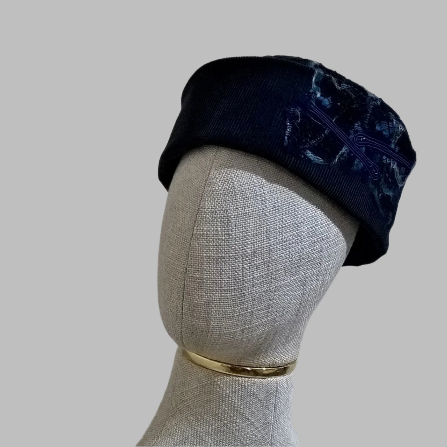 Gothic nuno felted pillbox hat with beading handmade in cyan blue corduroy