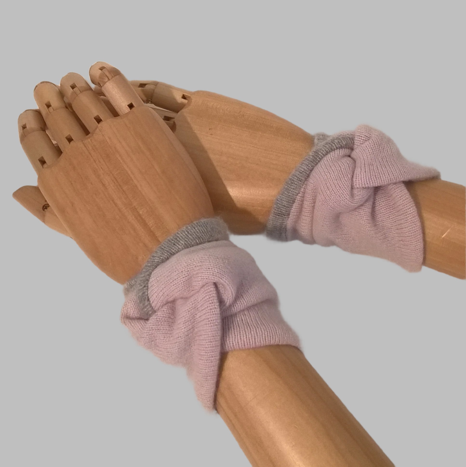 Dusky pink and pale grey pure cashmere wrist warmer cuffs, handmade from up-cycled sweaters