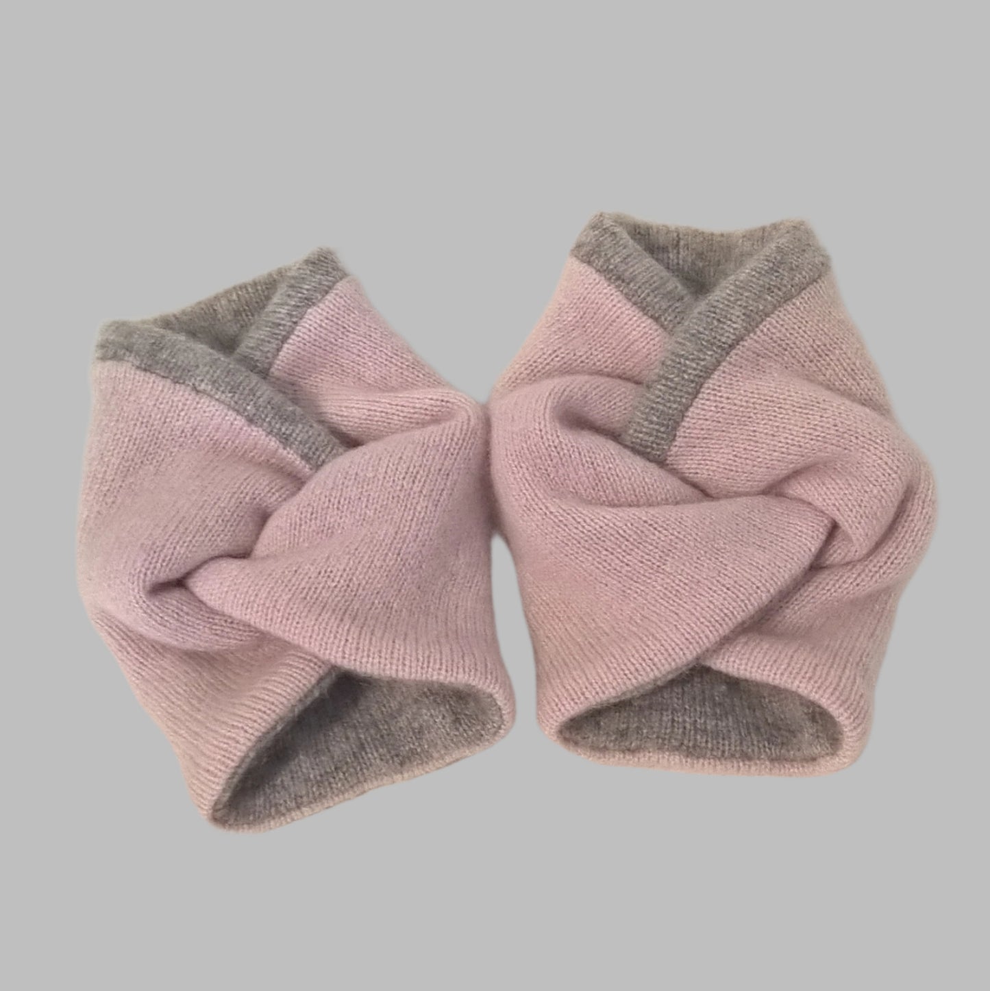 Soft dusky pink and pale grey pure cashmere wrist warmer cuffs, handmade from up-cycled sweaters 