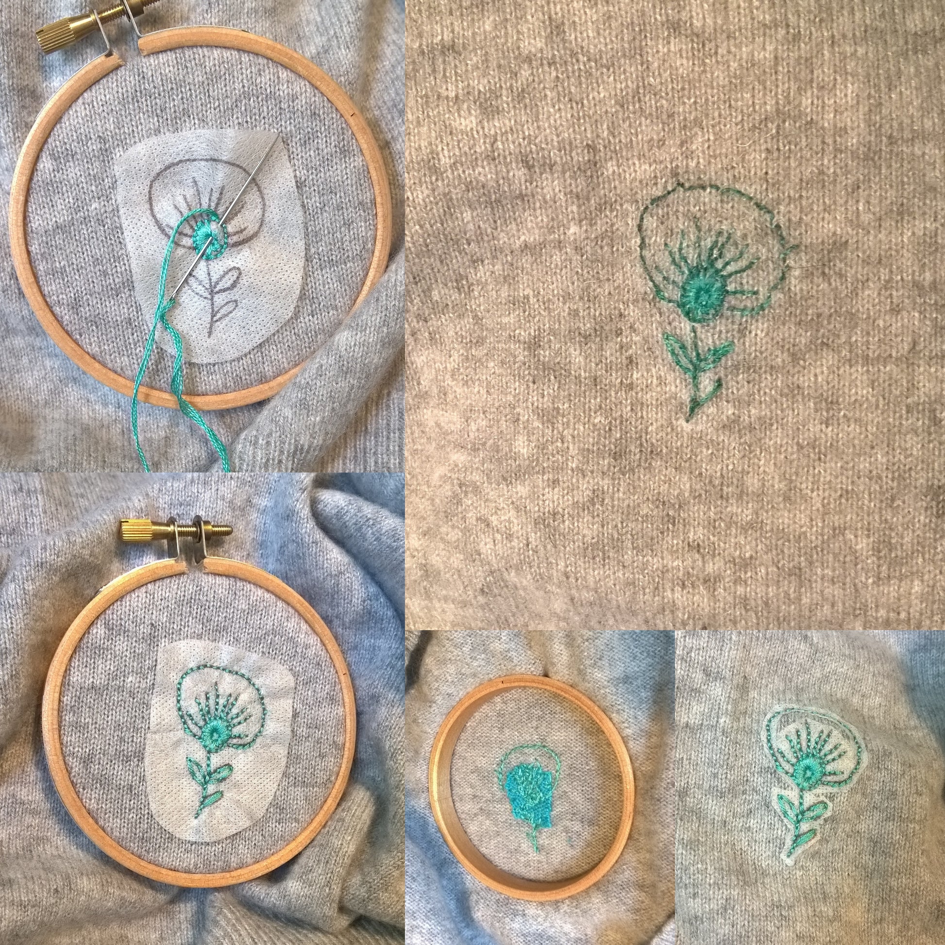 Collage of photos showing a stick and stitch flower design being embroidered and the finished visible repair