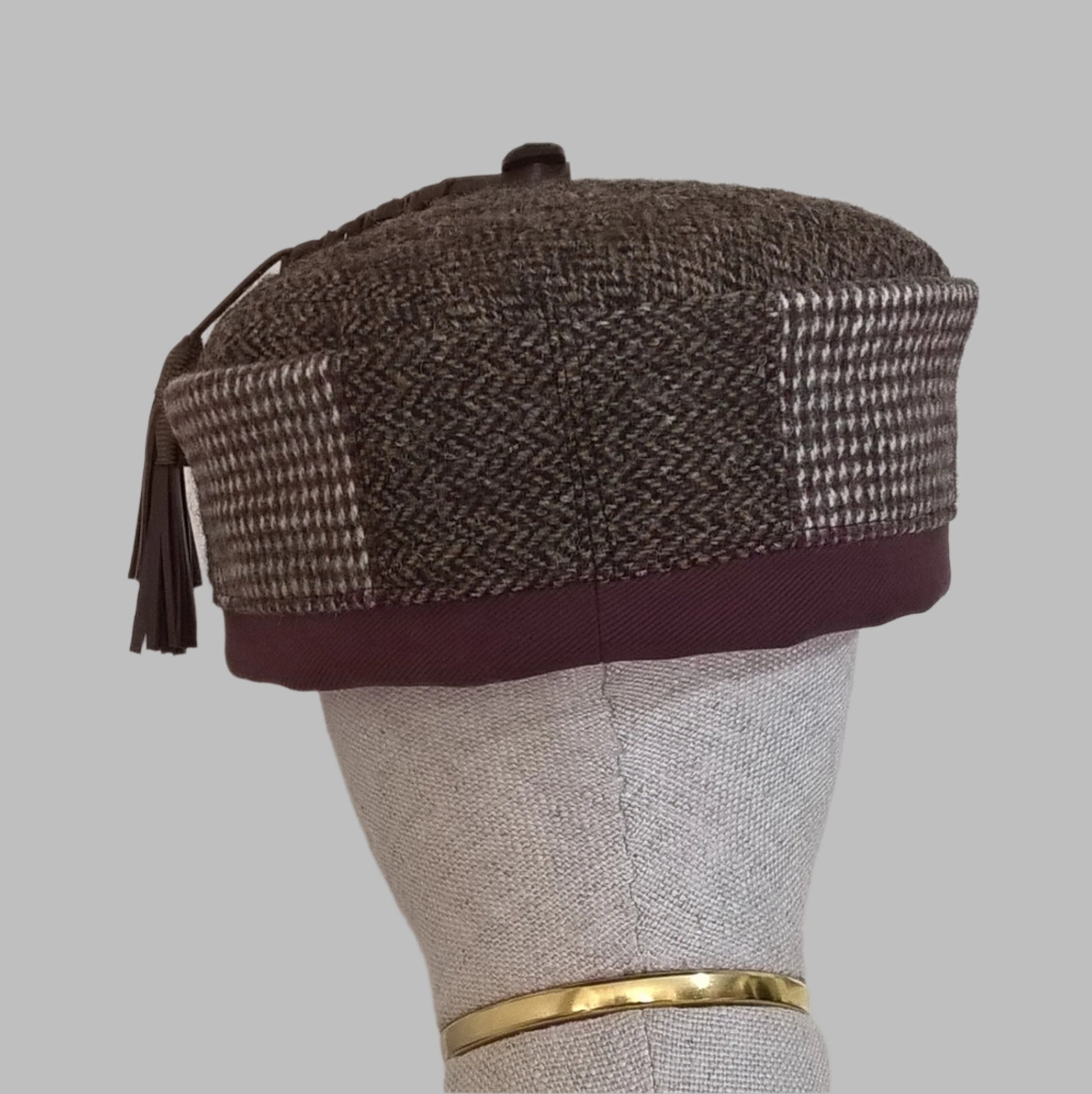 Back view of Harris Tweed brimless thinking cap