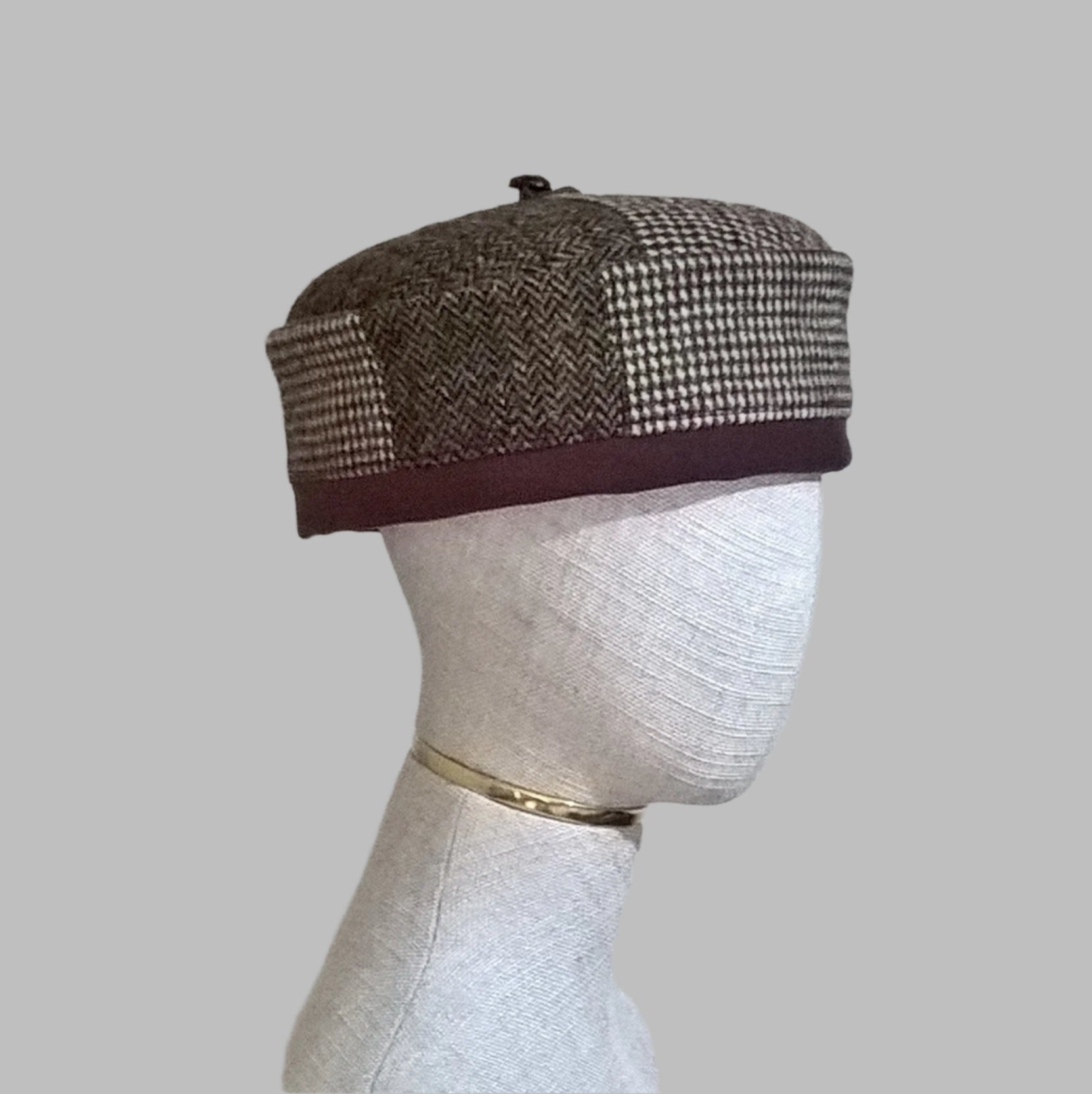 Harris Tweed pillbox shaped smoking hat with removable tassel