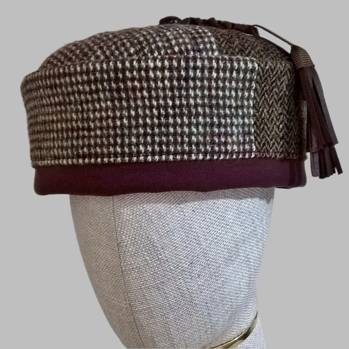 Wool smoking cap handmade from up-cycled Harris Tweed jackets with leather tassel