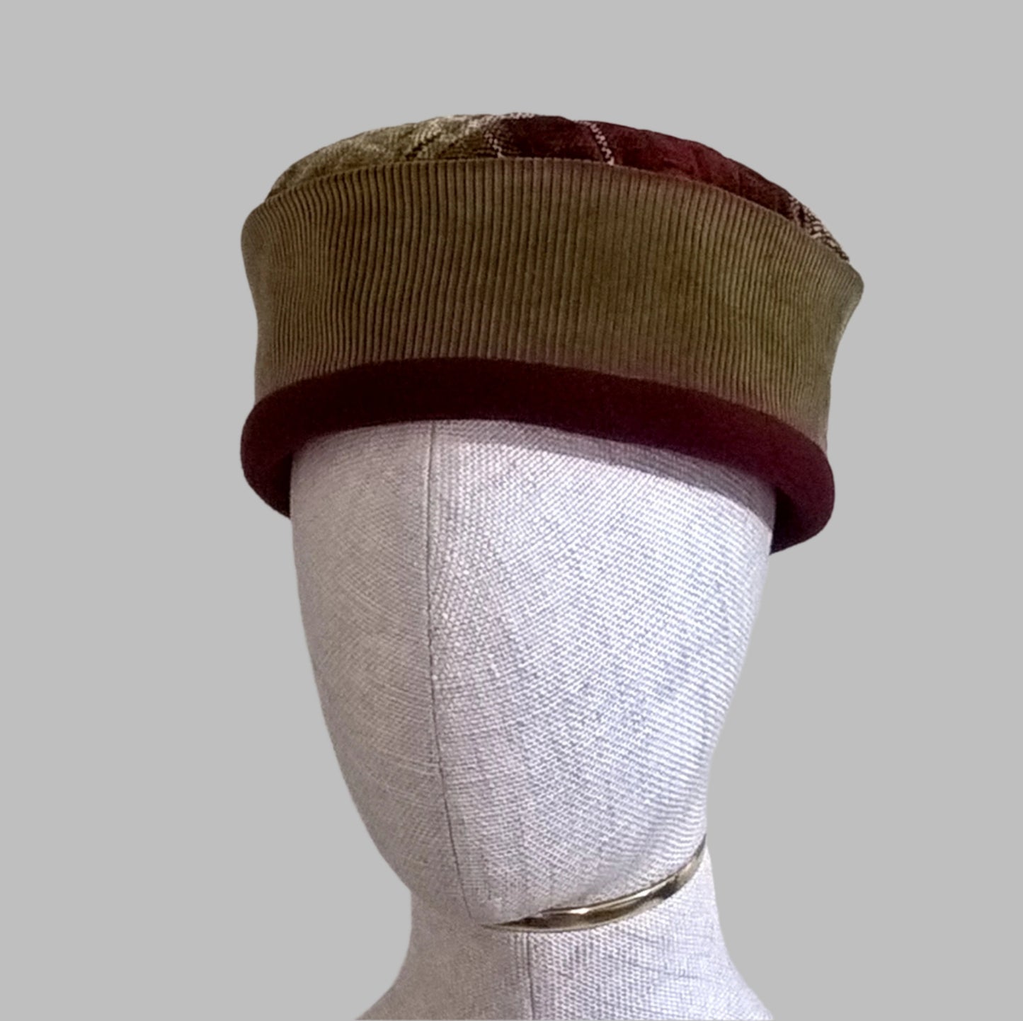 Fleece lined corduroy pillbox hat