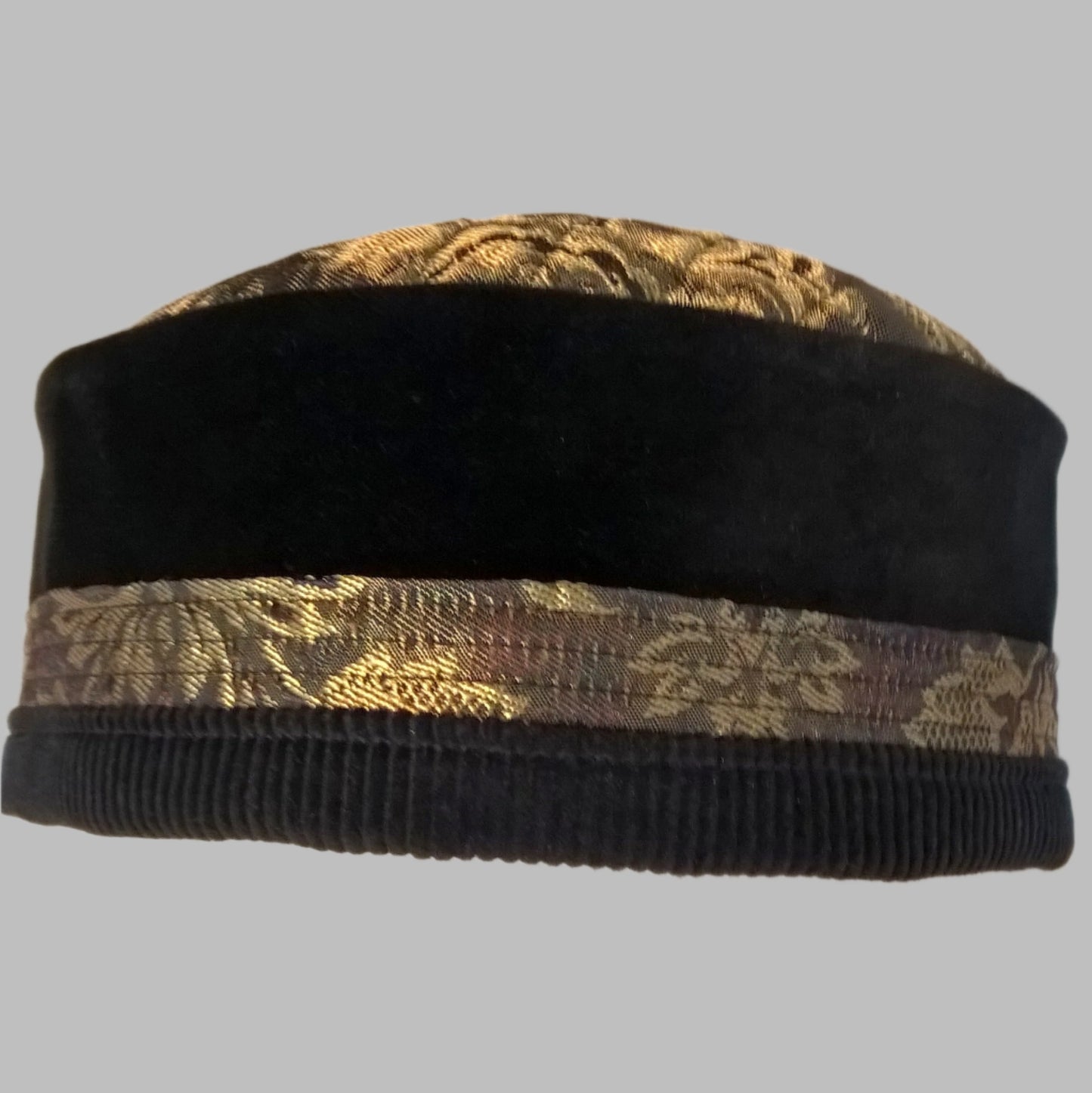 Pillbox style smoking cap handmade in black velvet and corduroy, with gold brocade