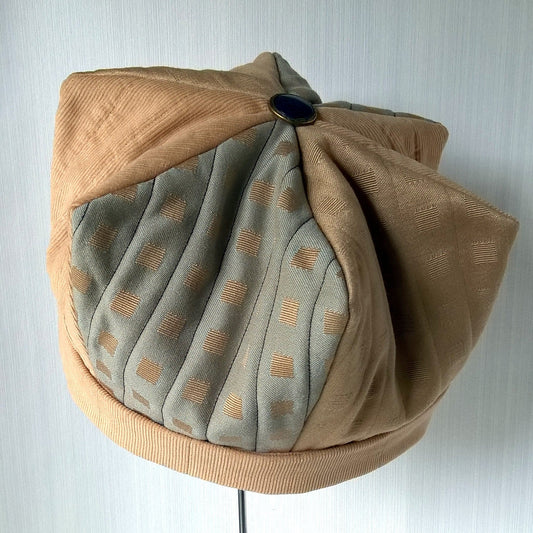 Harlequin style smoking cap handmade in golds and blue 