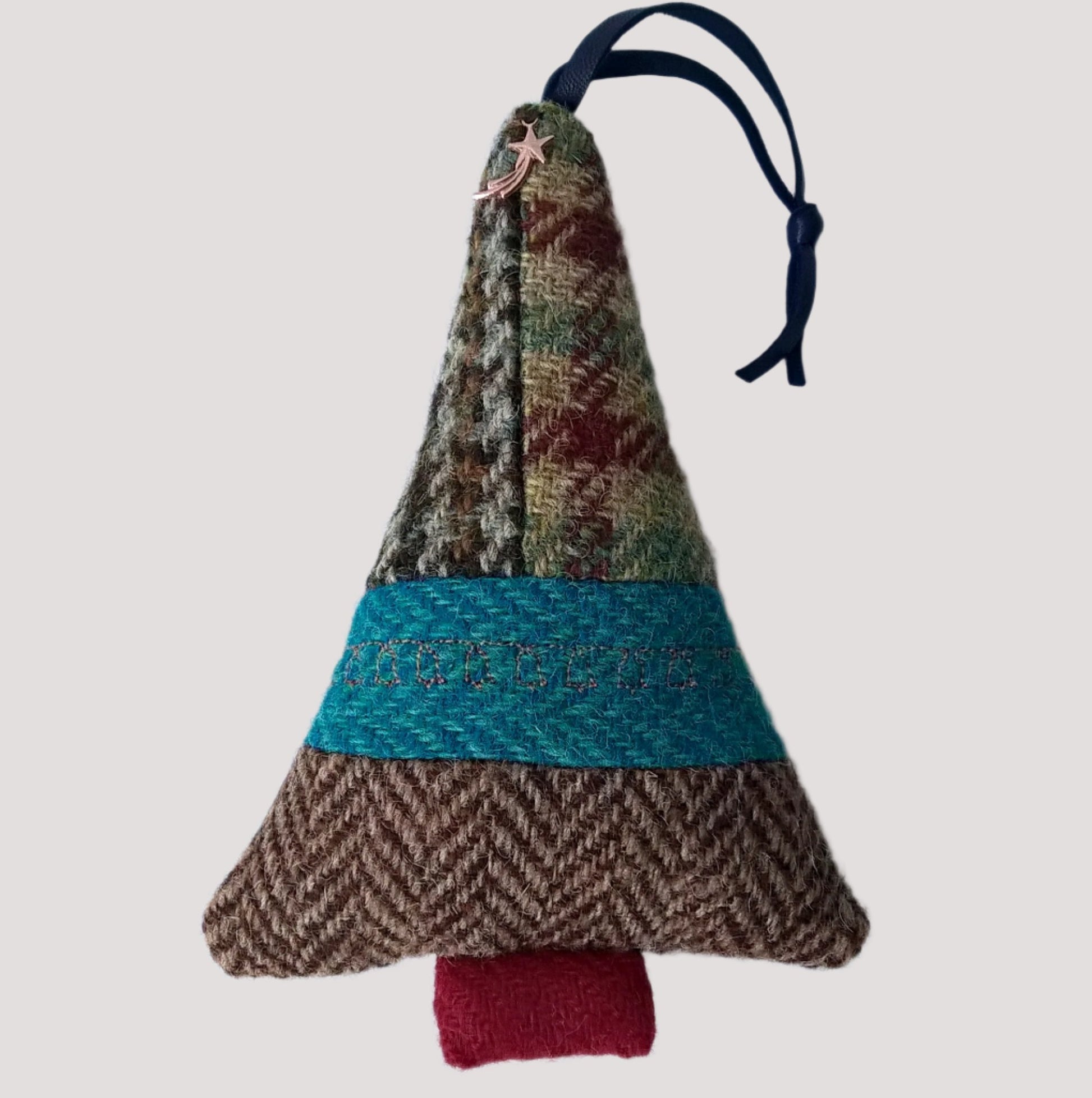 Eco friendly Harris Tweed hanging tree ornament in a patchwork design