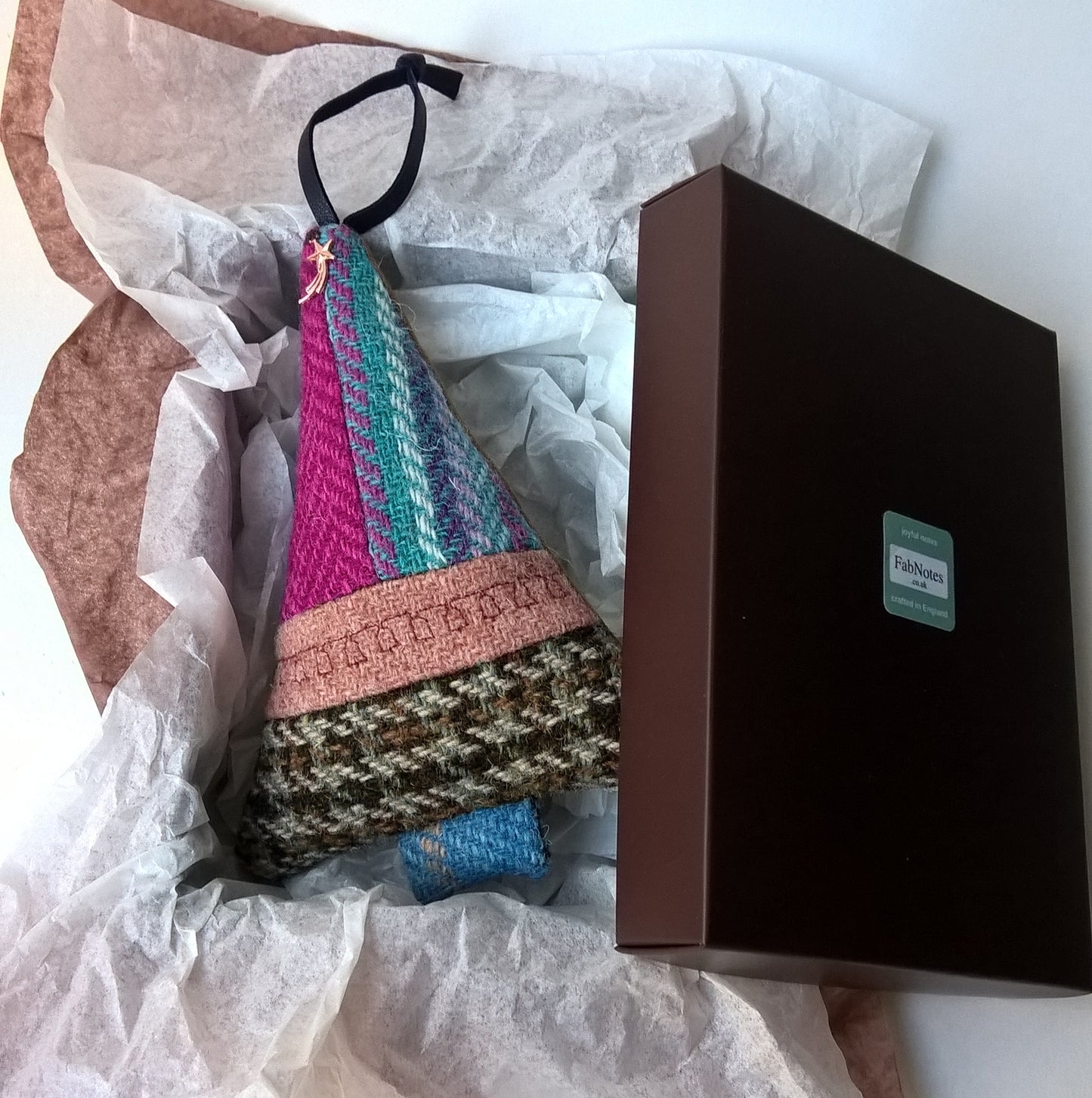 Harris tweed hanging tree ornament boxed ready for gifting