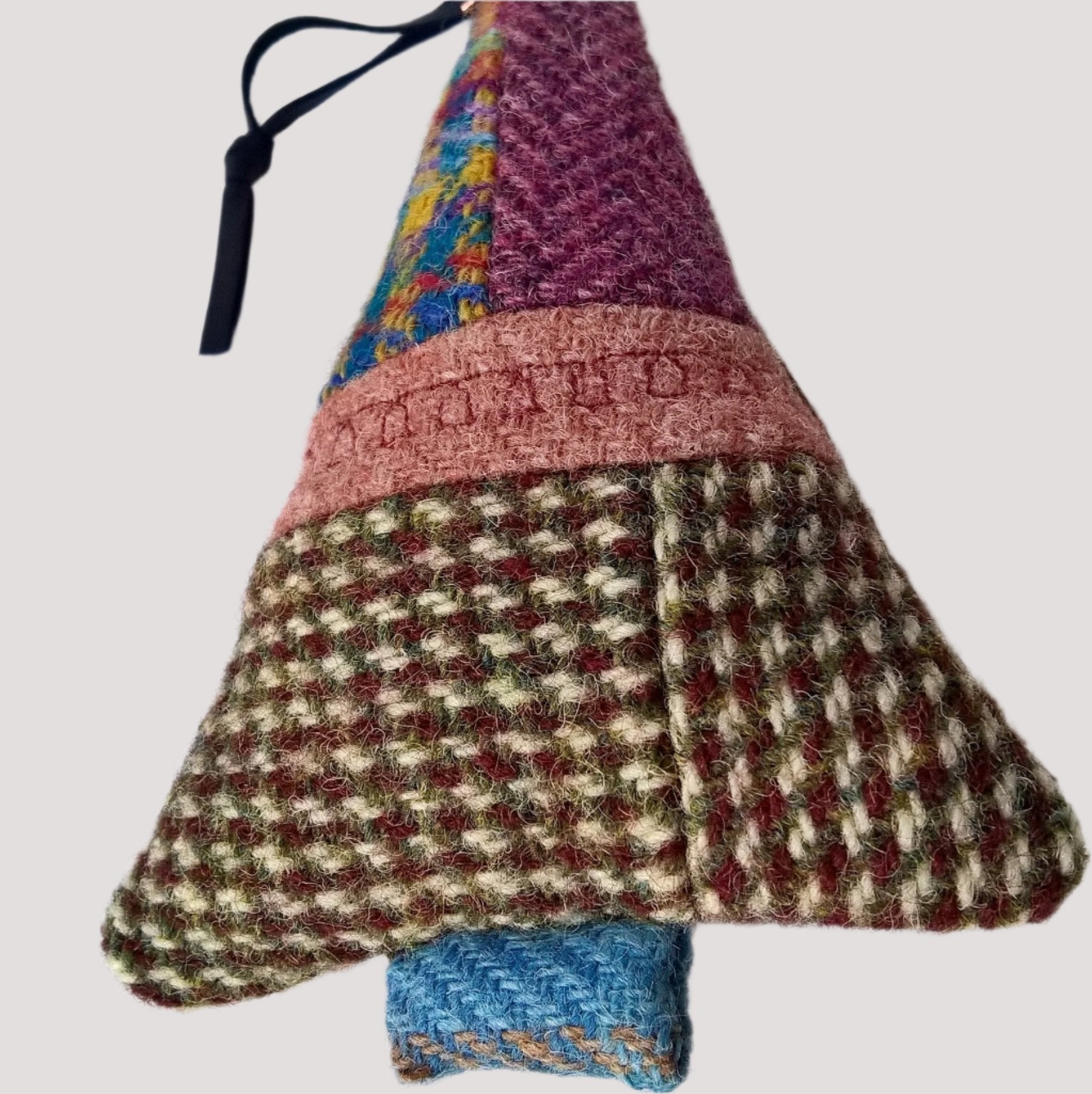 Hanging tree ornament handmade from from five Harris Tweed fabrics