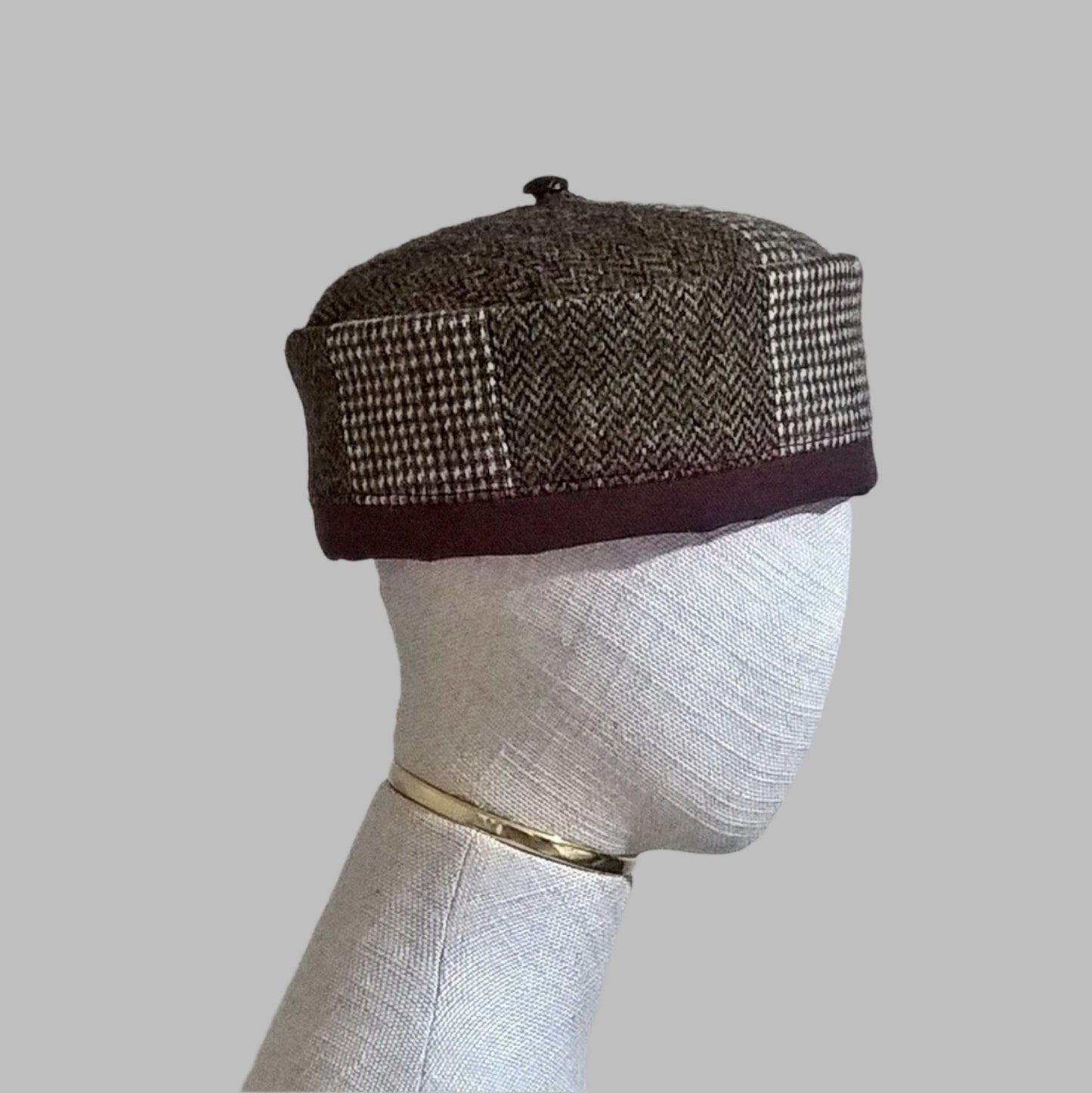 Pillbox hat in a patchwork design of mismatched Harris tweed