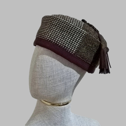Mismatched Harris Tweed wool smoking cap  in patchwork design with leather tassel
