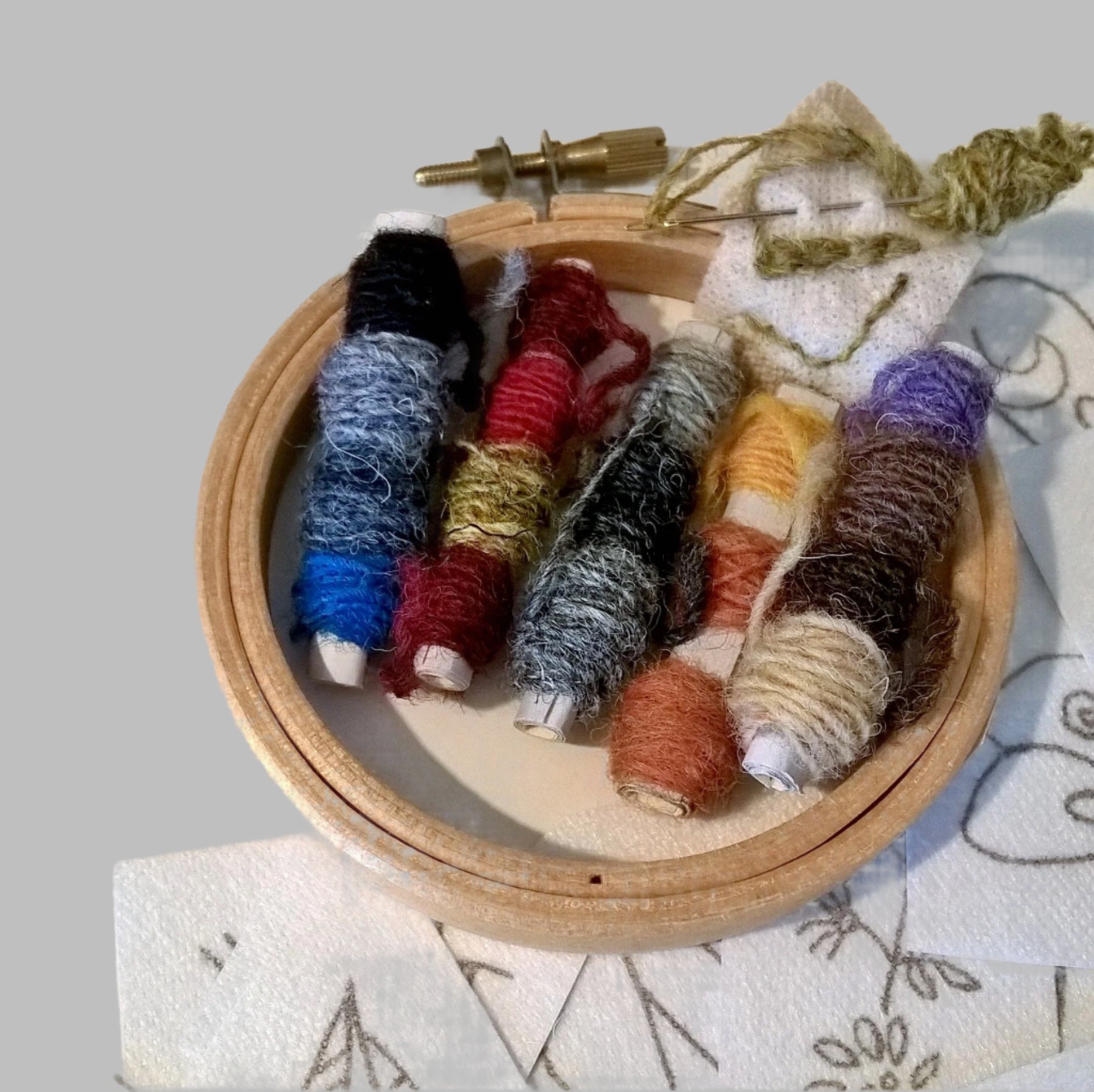 Harris Tweed wool threads, cut from the loom ends, in 18 colour shades with 3 inch embroidery hoop