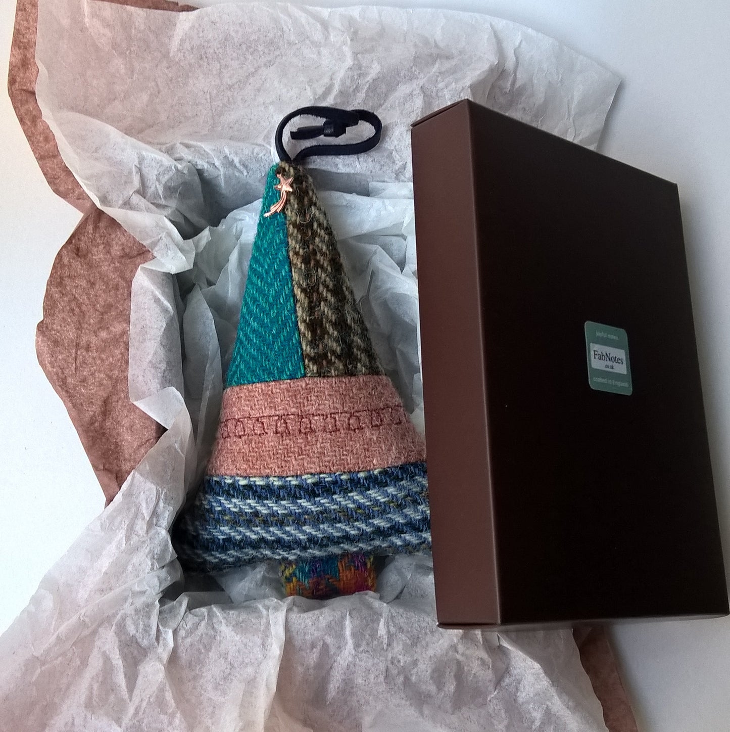 Harris Tweed tree ornament is boxed ready for gifting 