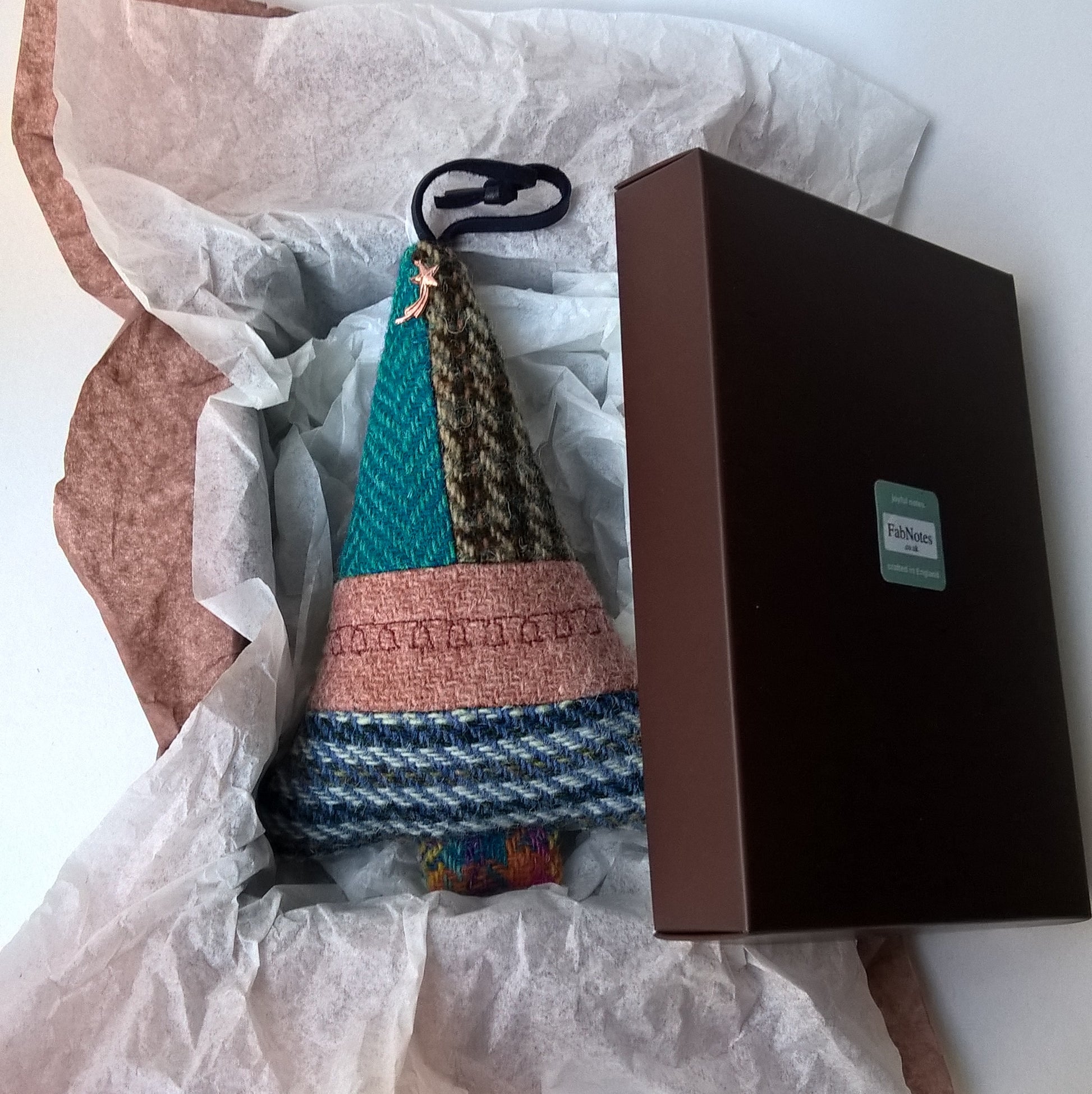 Harris Tweed tree ornament is boxed ready for gifting 
