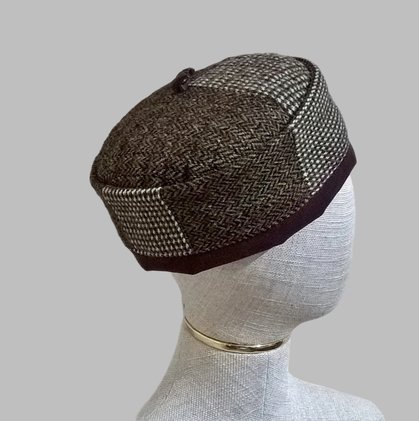 Patchwork design of Harris Tweed pillbox shaped hat