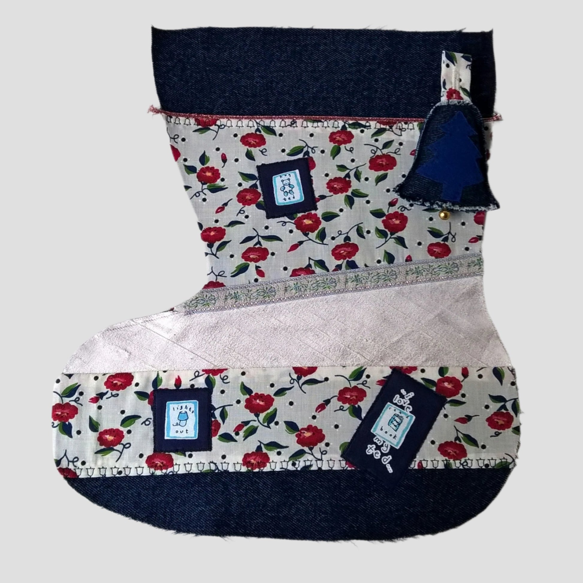 Christmas stocking with patch work applique and teddy motifs