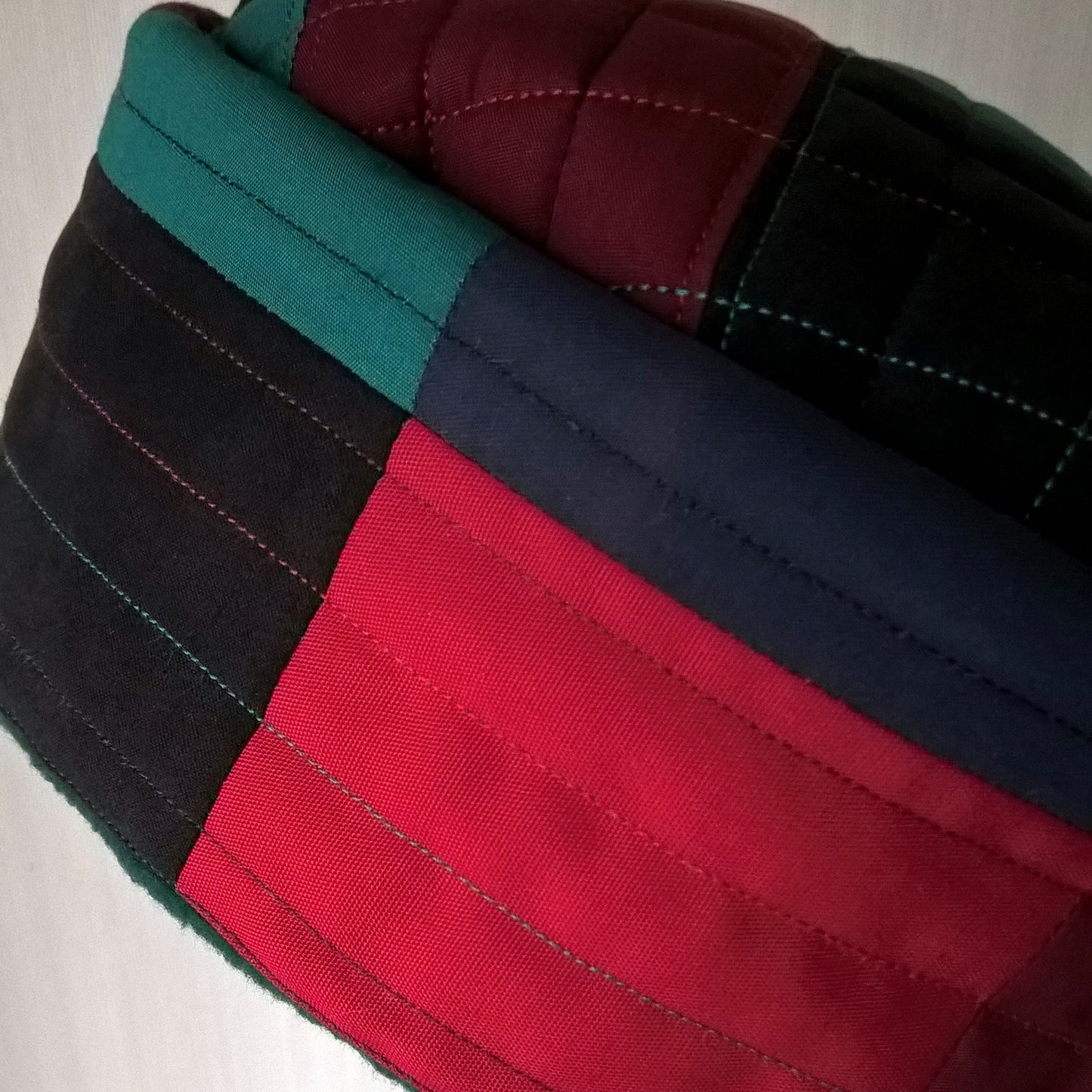 Multi Coloured Patchwork fleece lined pillbox hat