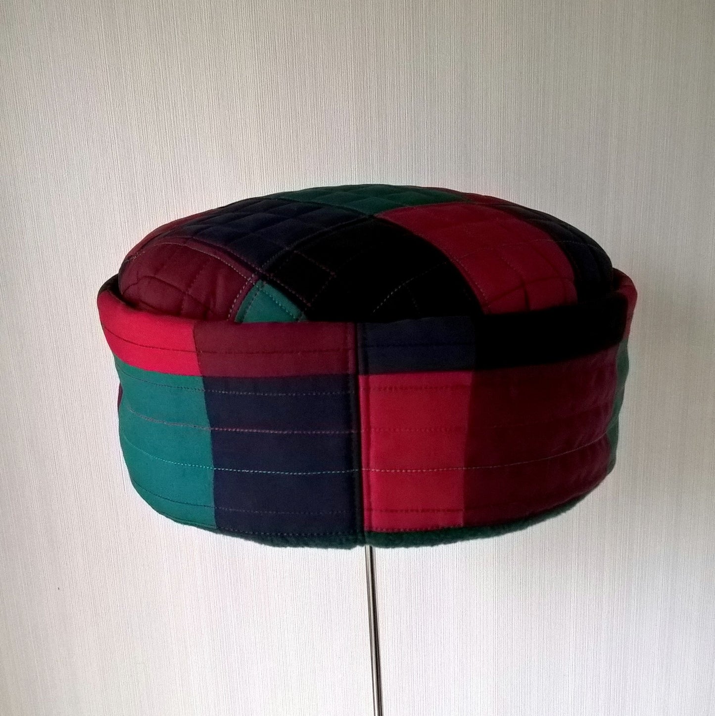 Multi Coloured Patchwork fleece lined pillbox hat