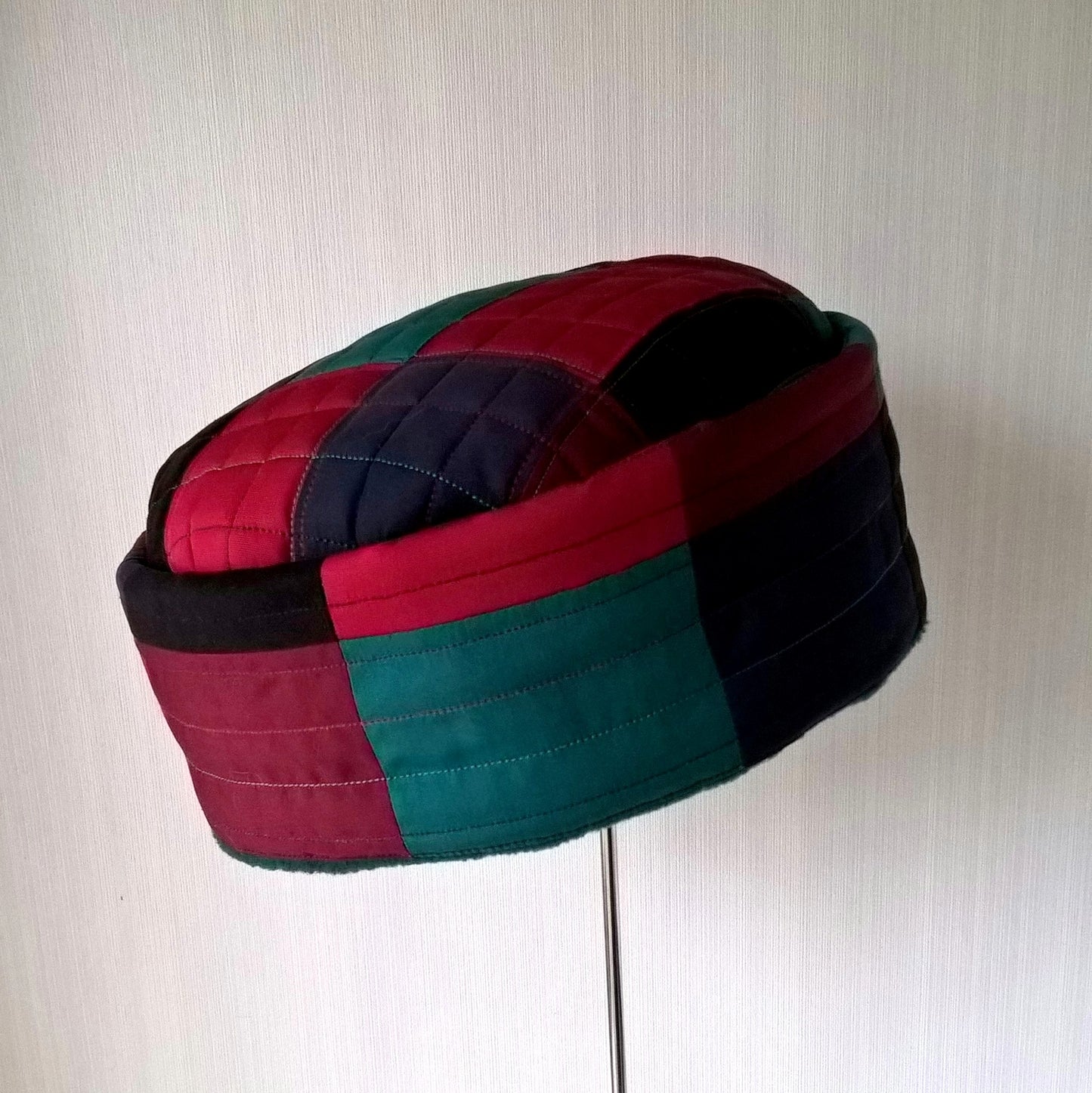 Multi Coloured Patchwork fleece lined pillbox hat