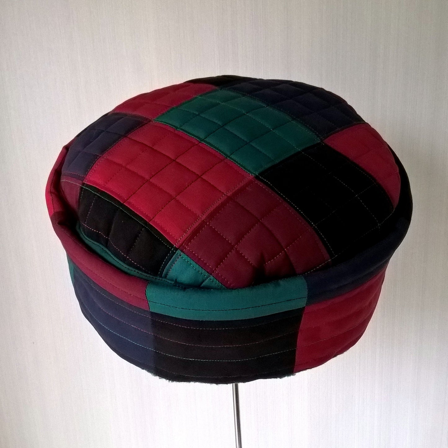 Multi Coloured Patchwork fleece lined pillbox hat
