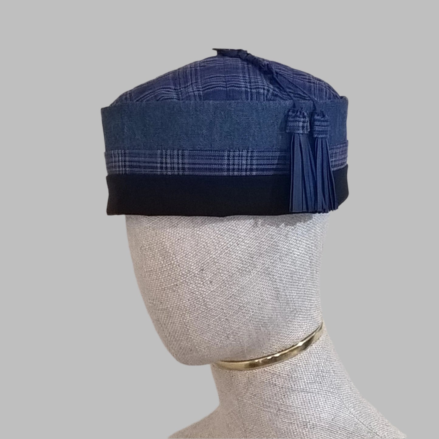 Cobalt blue Smoking Cap handmade in all natural light weight fabrics and finished with a leather tassel