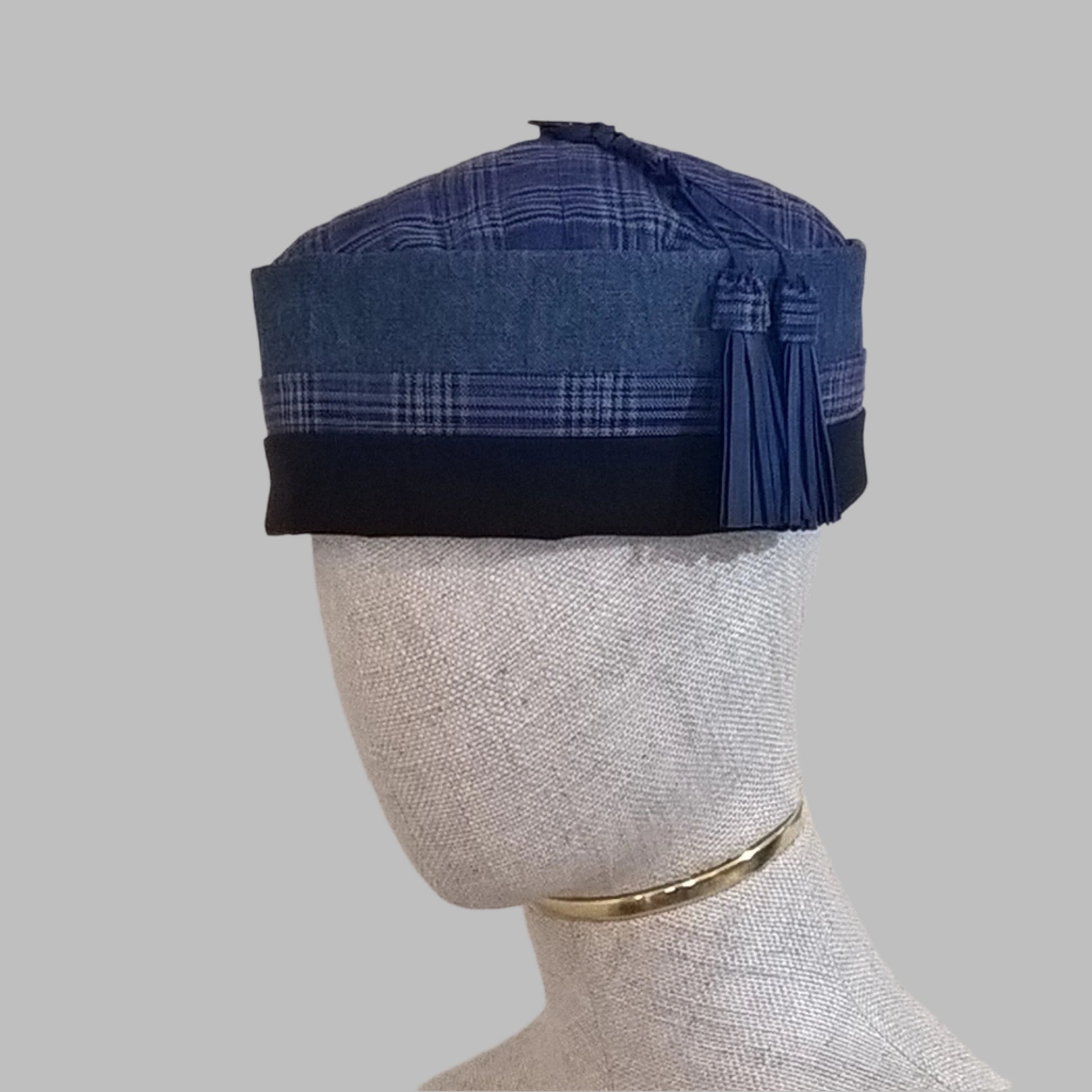 Cobalt blue Smoking Cap handmade in all natural light weight fabrics and finished with a leather tassel